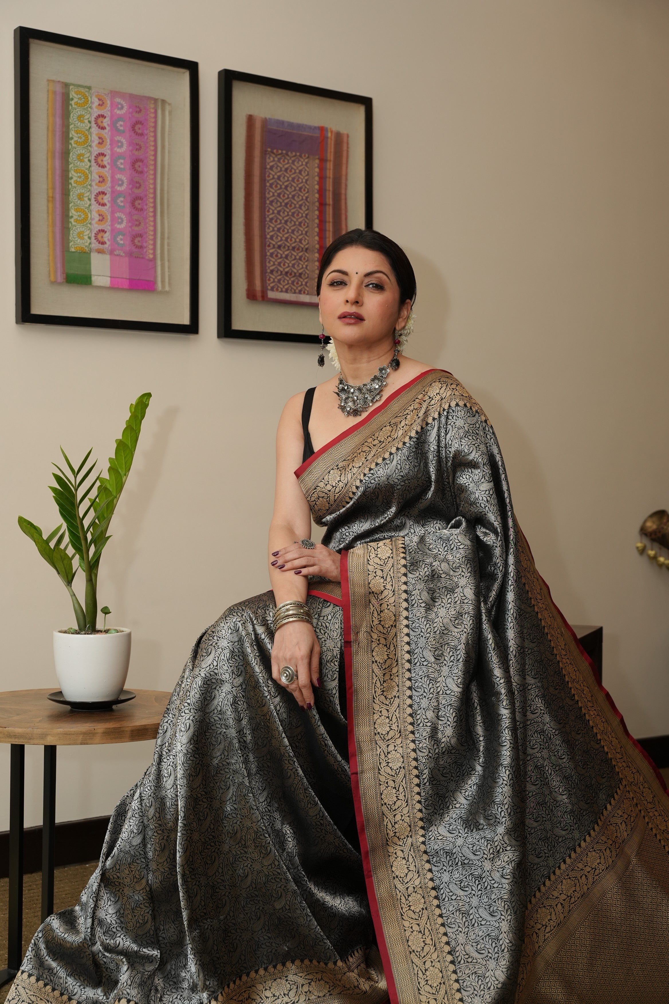 Unique Black Vasket weave on Banarasi Katan Silk Saree with Silver Paisley Zari Brocade and Zari Border | SILK MARK CERTIFIED | SHOBITAM