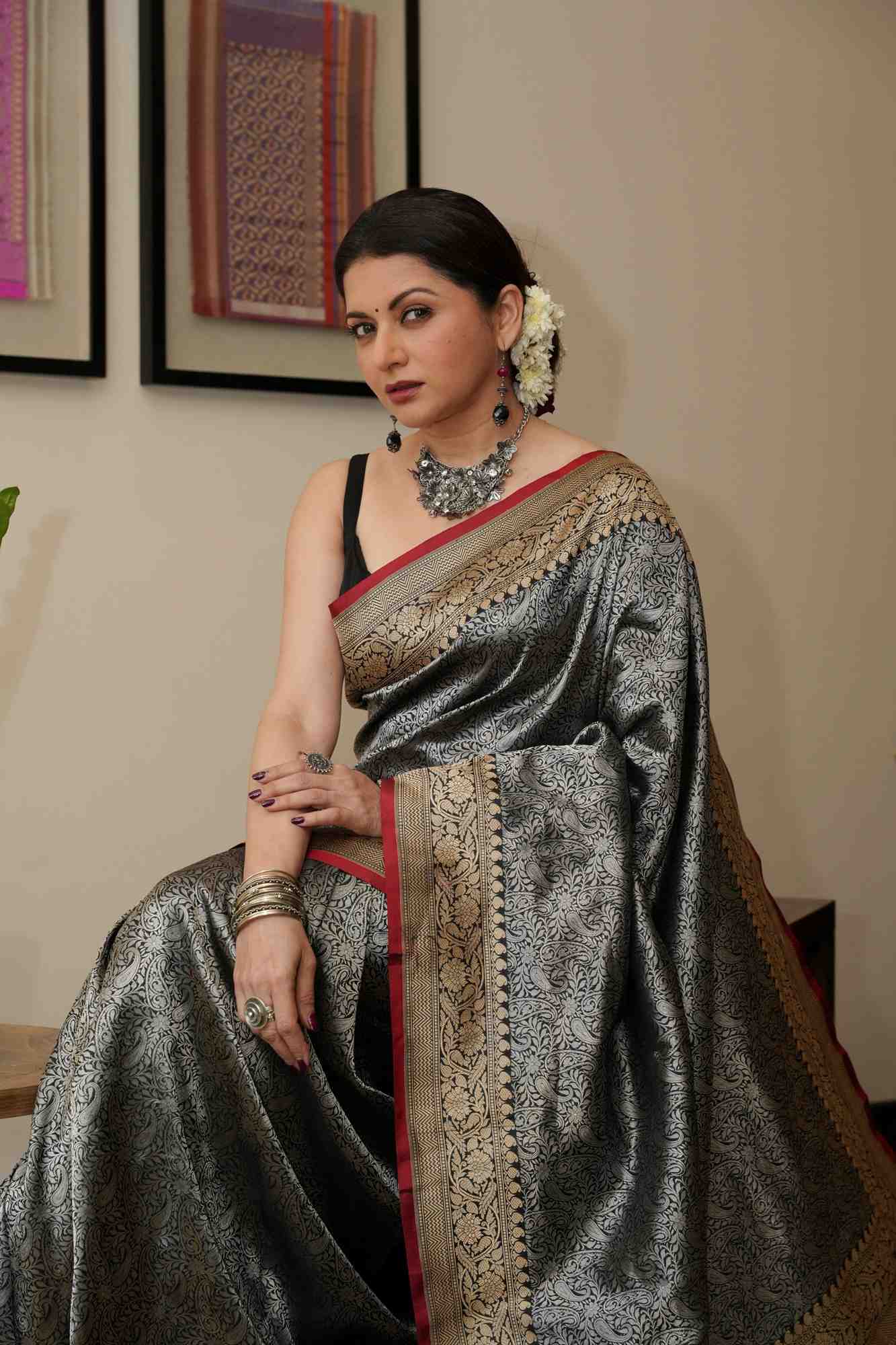 Unique Black Vasket weave on Banarasi Katan Silk Saree with Silver Paisley Zari Brocade and Zari Border | SILK MARK CERTIFIED Ready To Wear Saree