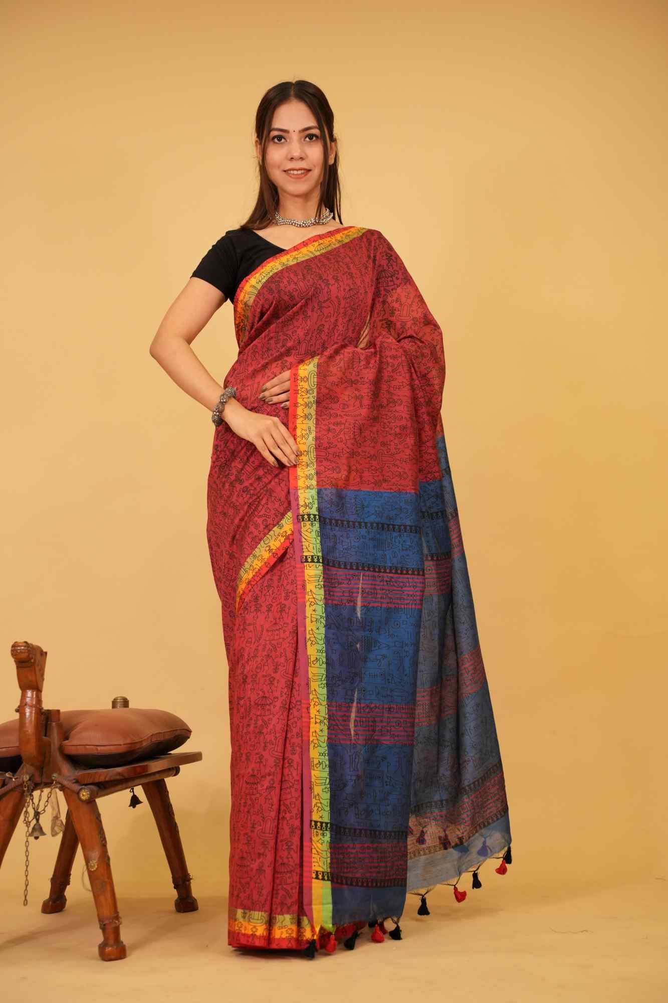 Red With Blue Contrast palla Bastar Art Printed Overall Taseels On Palla Pre Drape Saree