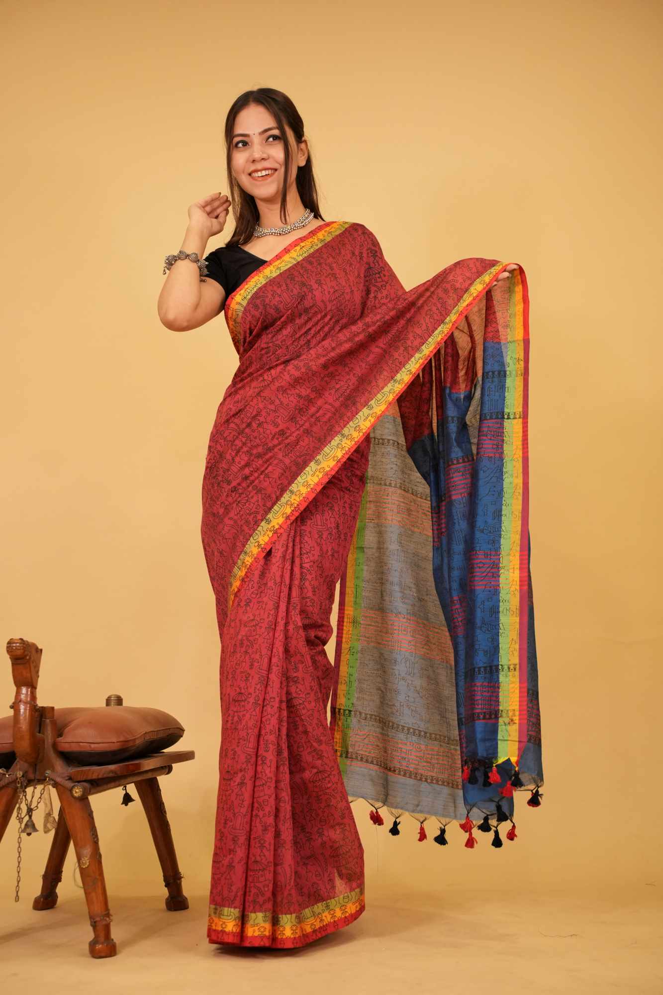 Red With Blue Contrast palla Bastar Art Printed Overall Taseels On Palla Pre Drape Saree