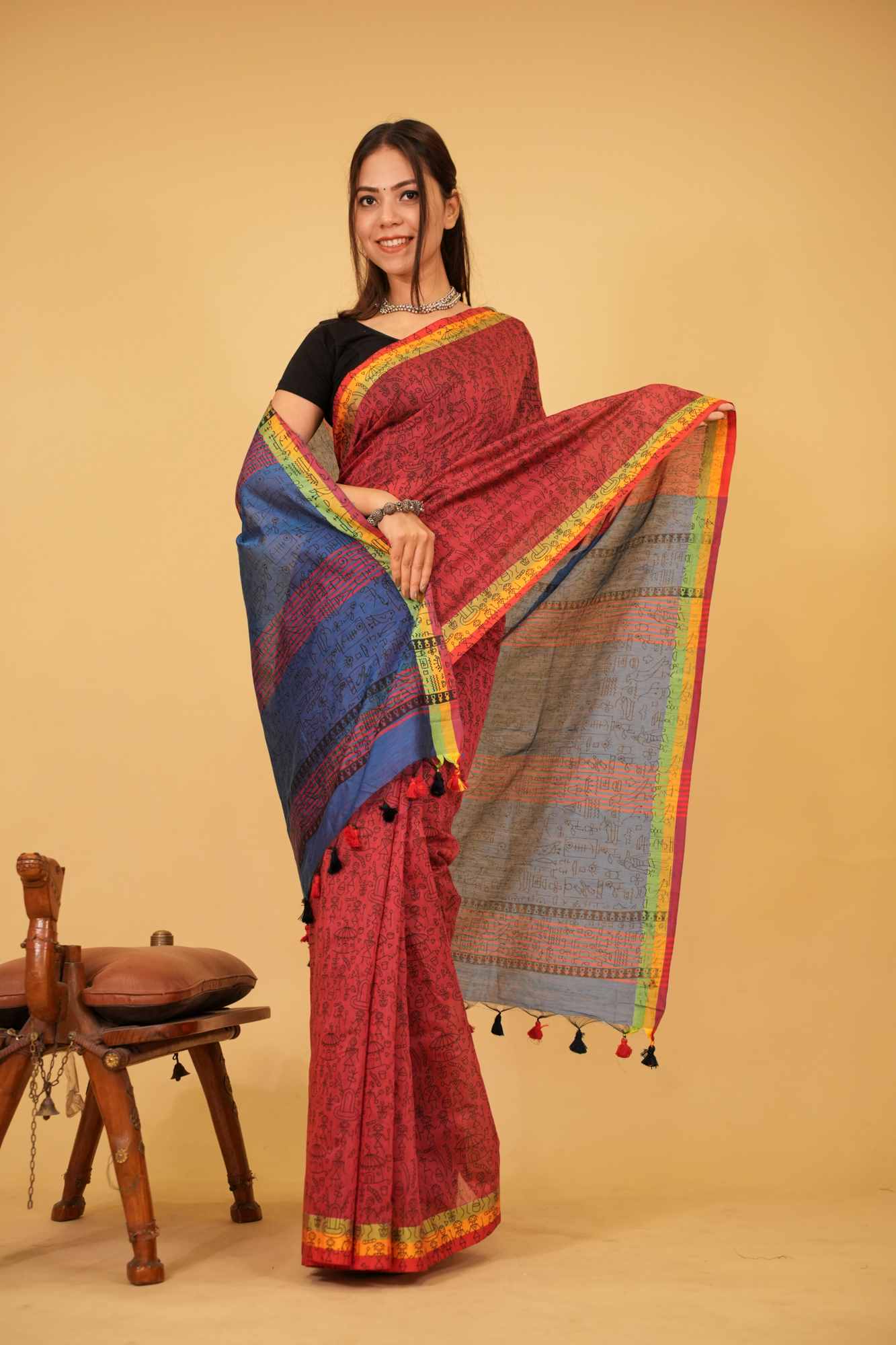 Red With Blue Contrast palla Bastar Art Printed Overall Taseels On Palla Pre Drape Saree