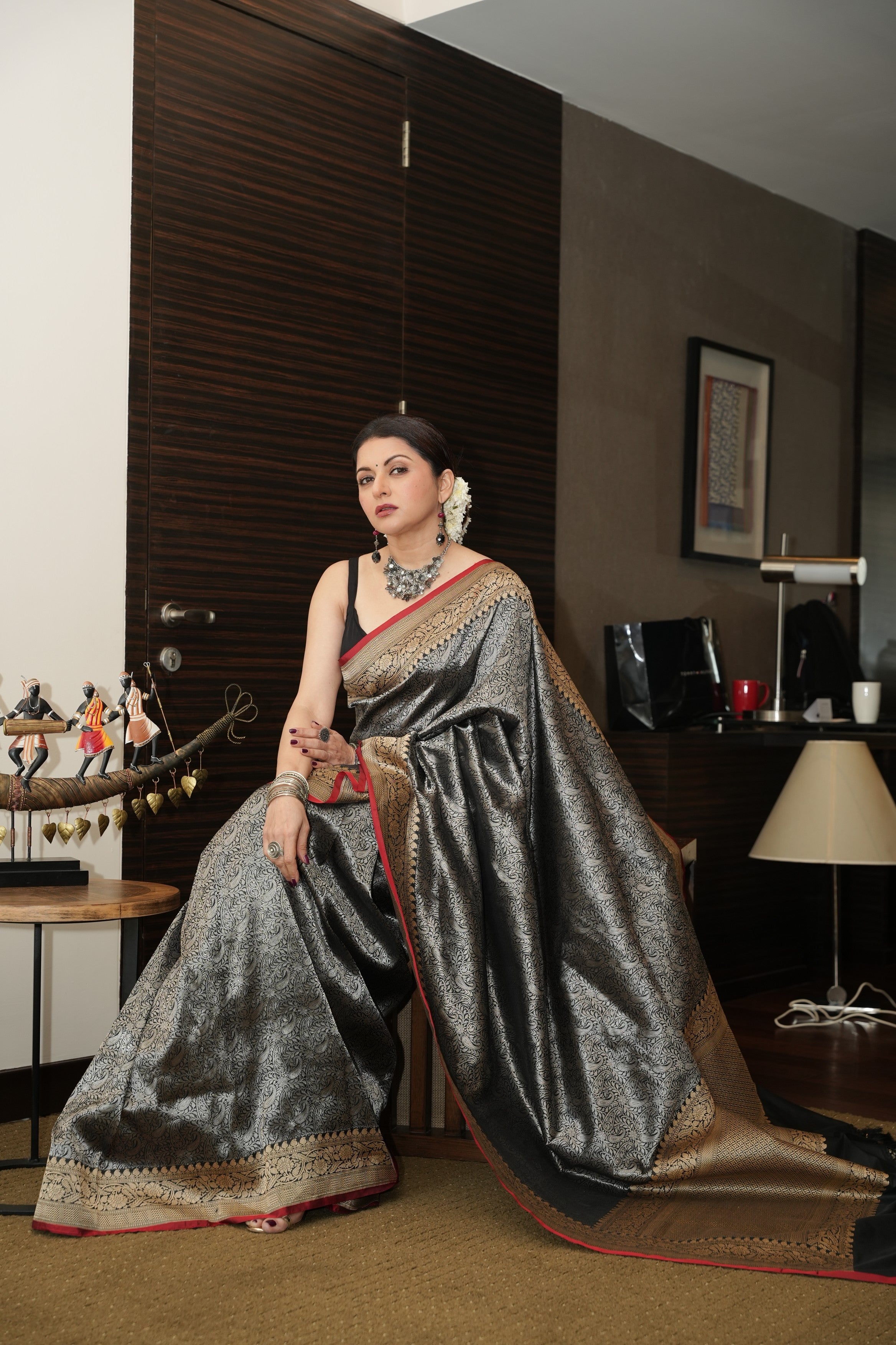 Unique Black Vasket weave on Banarasi Katan Silk Saree with Silver Paisley Zari Brocade and Zari Border | SILK MARK CERTIFIED | SHOBITAM