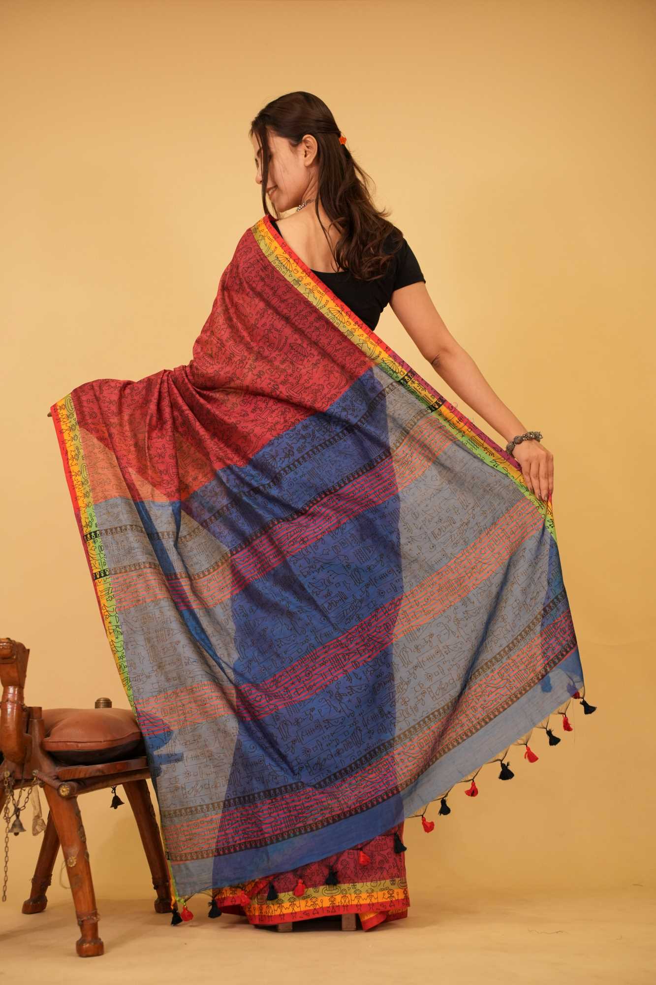 Red With Blue Contrast palla Bastar Art Printed Overall Taseels On Palla Pre Drape Saree