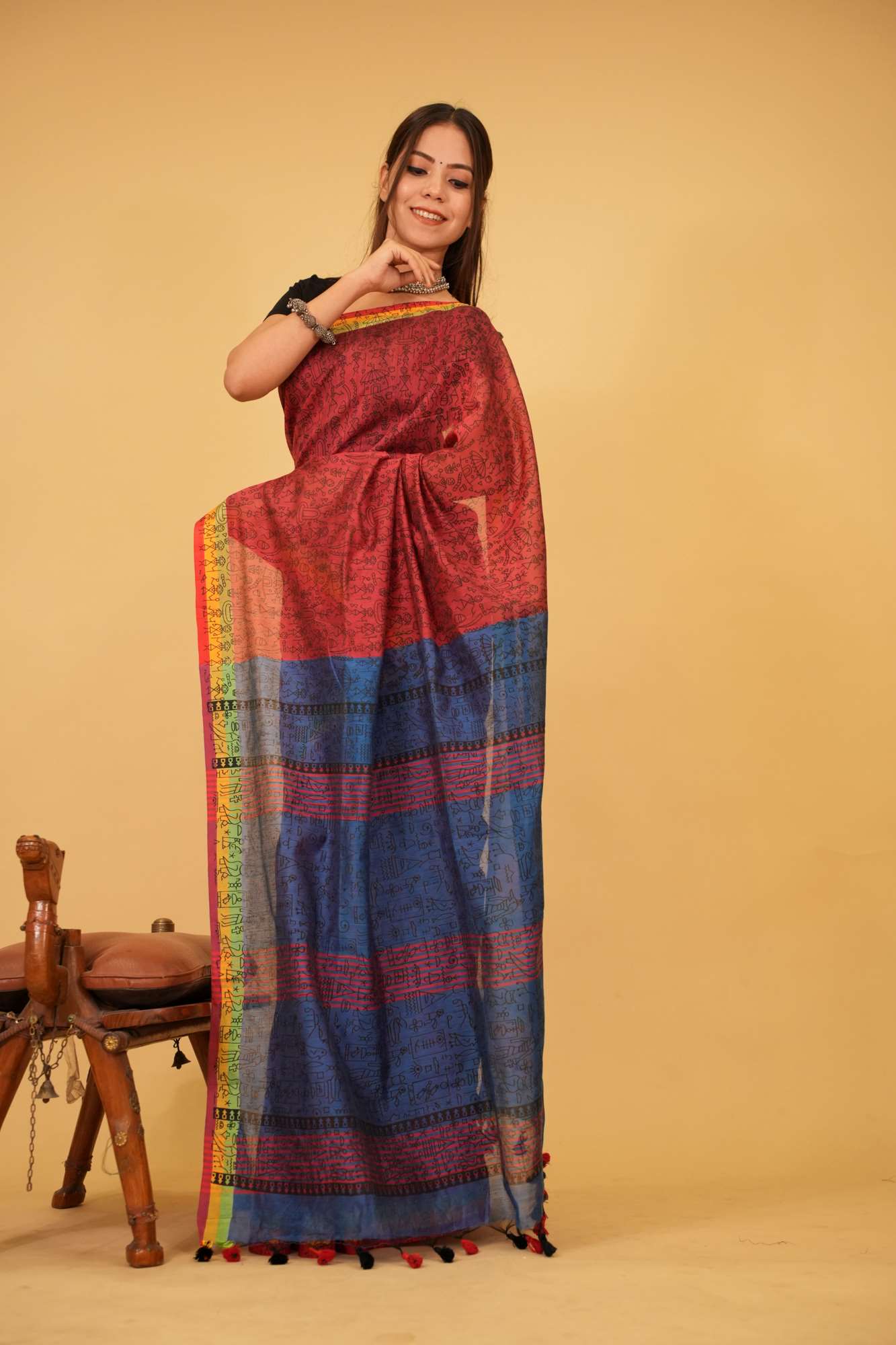 Red With Blue Contrast palla Bastar Art Printed Overall Taseels On Palla Pre Drape Saree