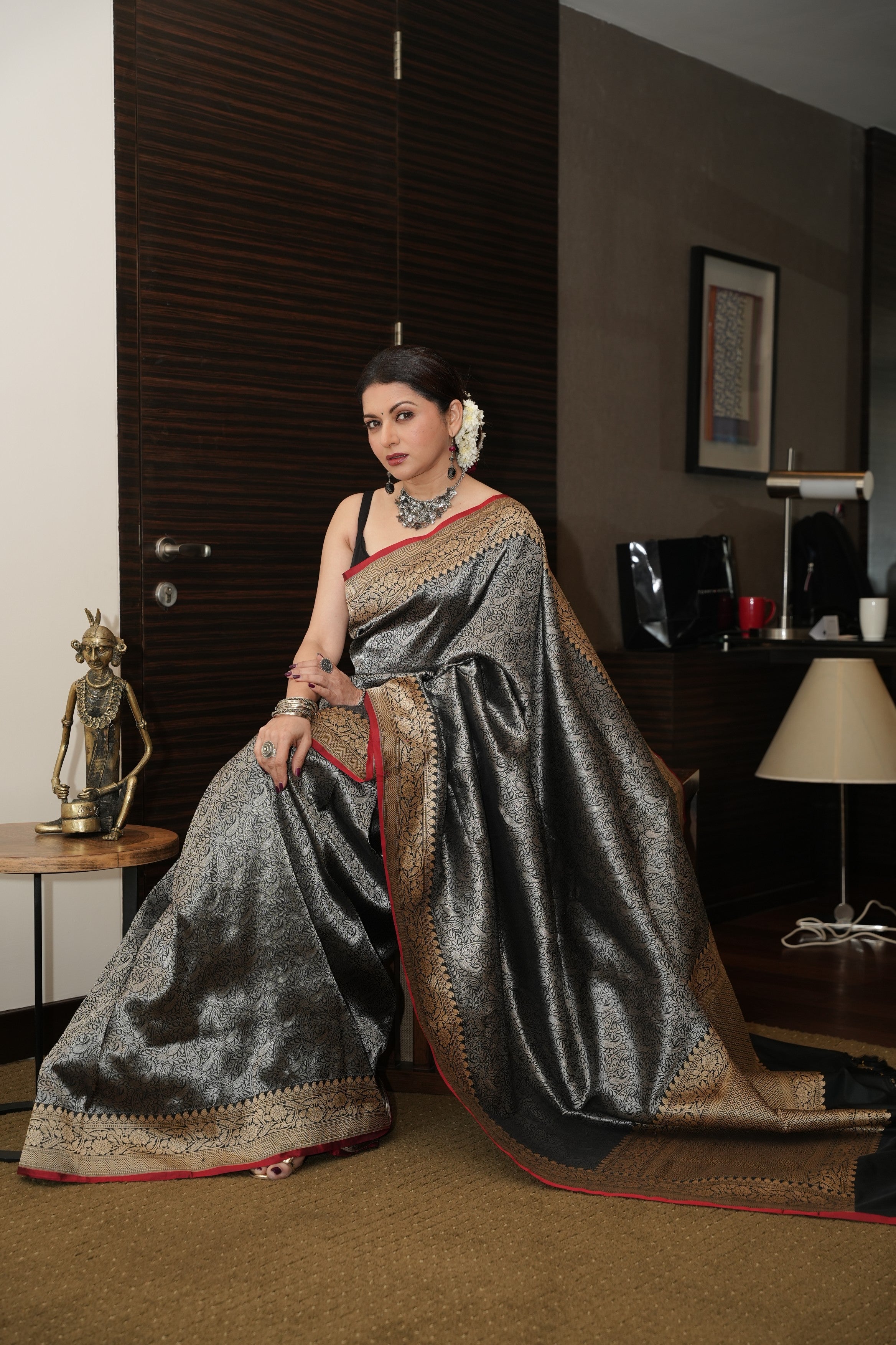 Unique Black Vasket weave on Banarasi Katan Silk Saree with Silver Paisley Zari Brocade and Zari Border | SILK MARK CERTIFIED | SHOBITAM
