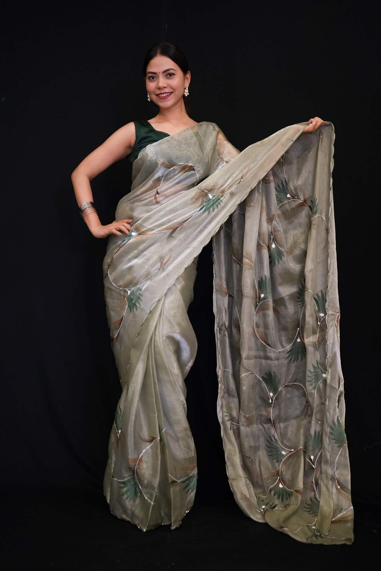 Floral Brush Print With  Hand Work & Scallop Border Chiffon Silk Ready to Wear Saree