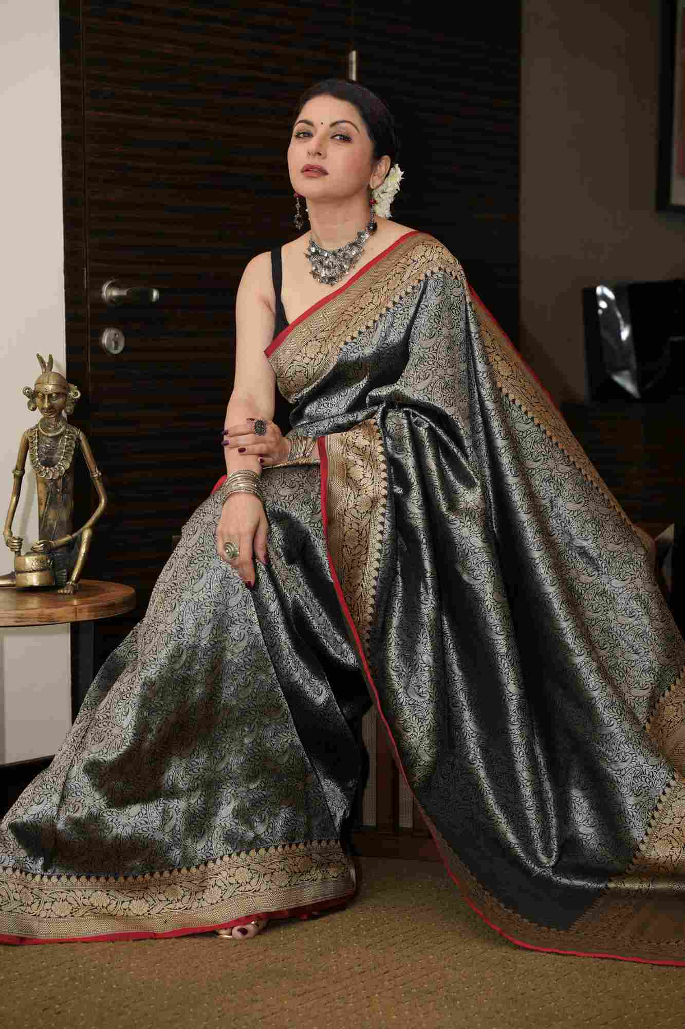 Unique Black Vasket weave on Banarasi Katan Silk Saree with Silver Paisley Zari Brocade and Zari Border | SILK MARK CERTIFIED Ready To Wear Saree