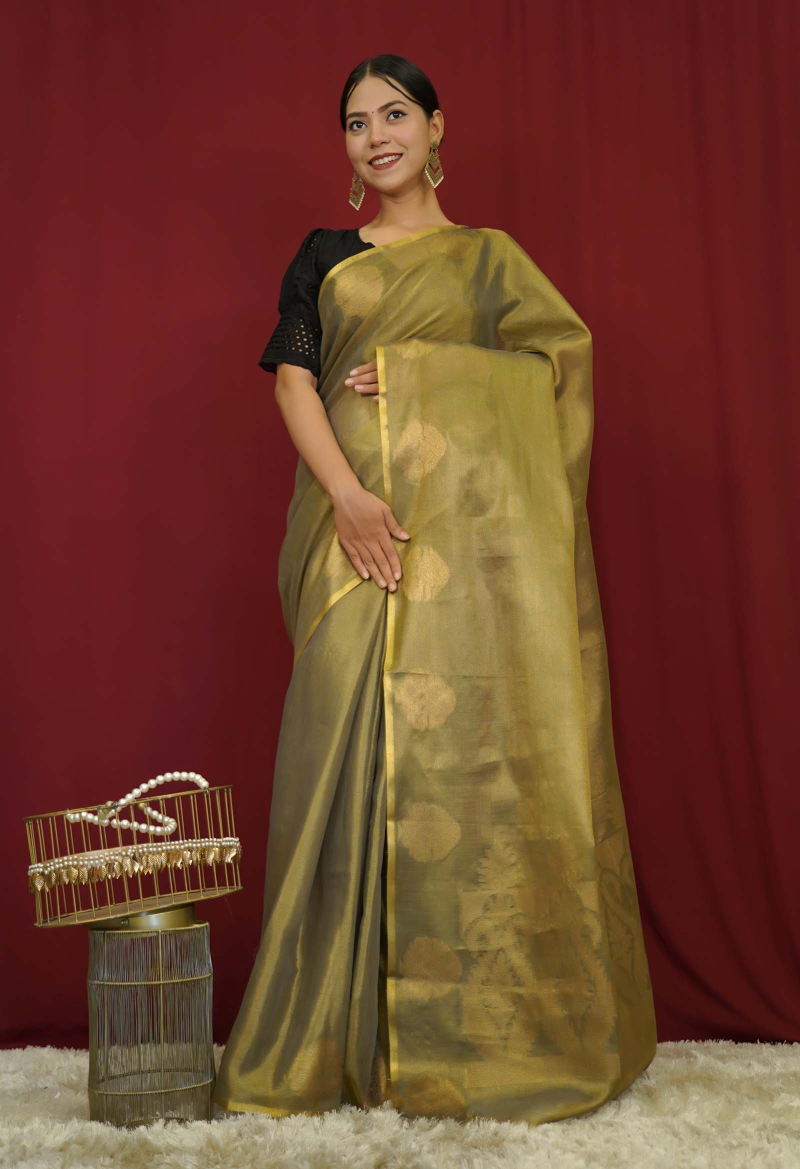 Mehndi Green Dhoop Chaav Tissue Silk  With Beautiful  Zari Ornate Pallu Wrap In One Minute saree