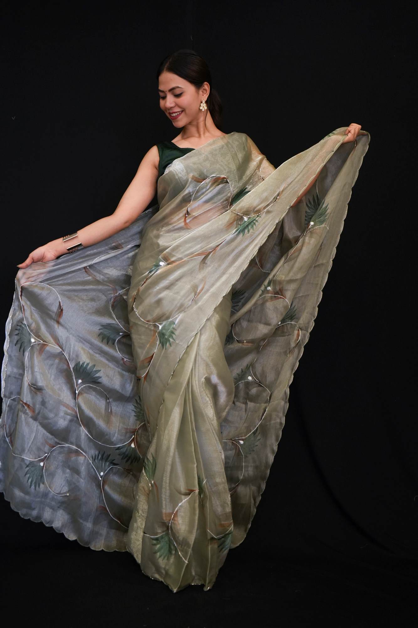 Floral Brush Print With  Hand Work & Scallop Border Chiffon Silk Ready to Wear Saree