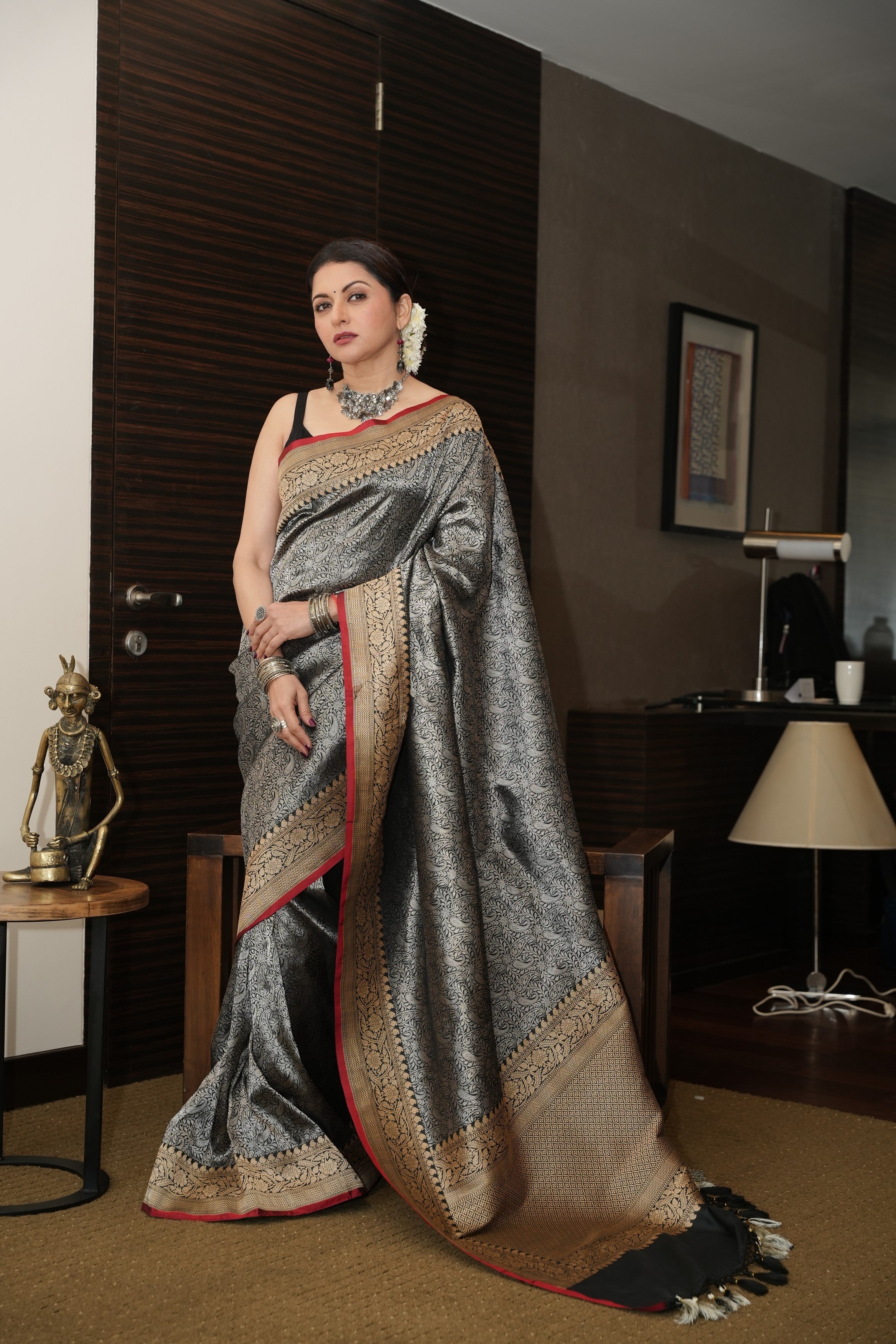 Unique Black Vasket weave on Banarasi Katan Silk Saree with Silver Paisley Zari Brocade and Zari Border | SILK MARK CERTIFIED | SHOBITAM