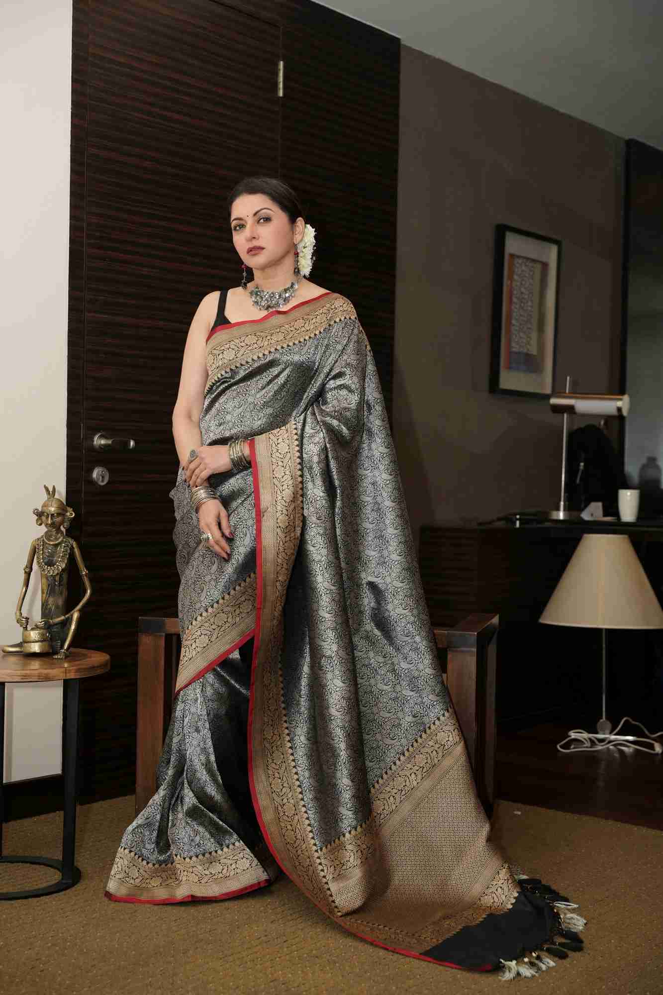 Unique Black Vasket weave on Banarasi Katan Silk Saree with Silver Paisley Zari Brocade and Zari Border | SILK MARK CERTIFIED Ready To Wear Saree