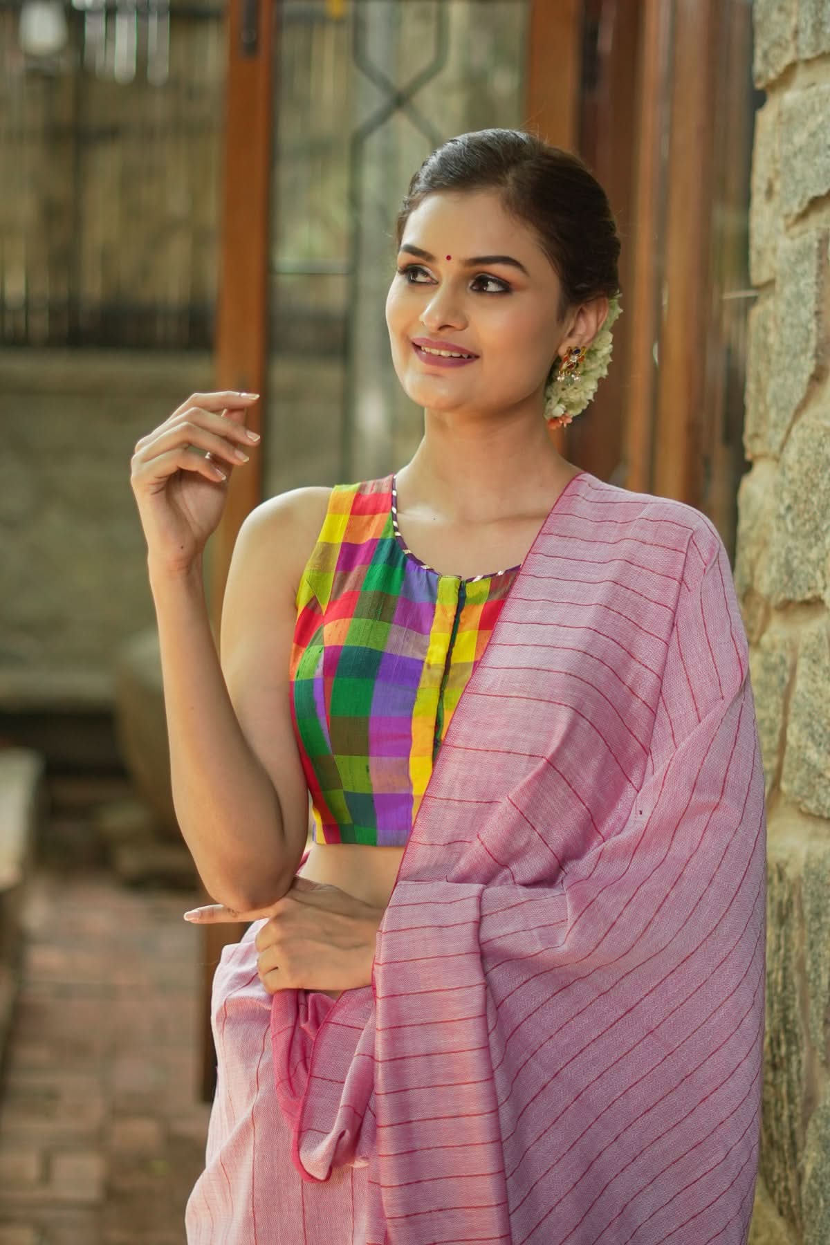 Multicolor checked pure rawsilk sheer back sleeveless blouse | Shobitam