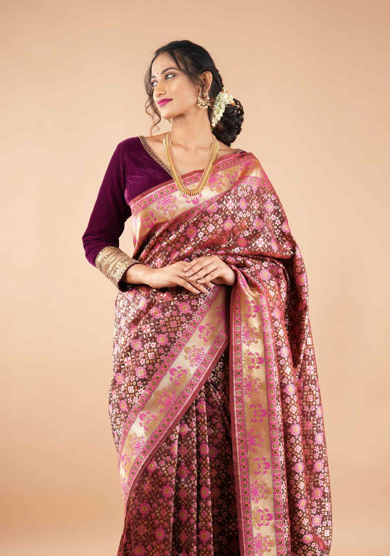 Burgundy Velvet Blouse with 3/4 sleeves and Matt Antique Sequins detailing