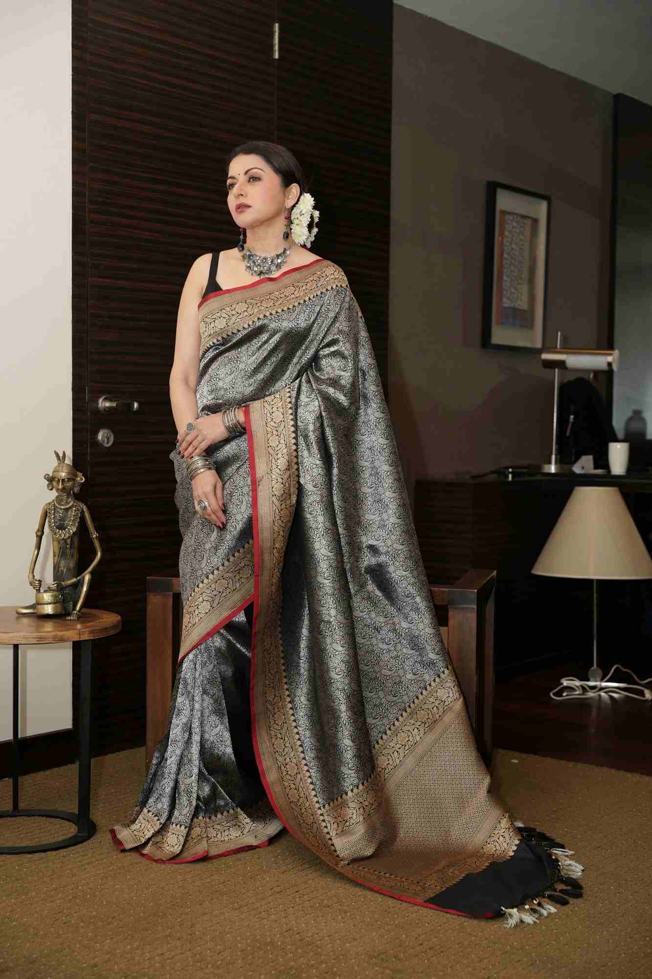 Unique Black Vasket weave on Banarasi Katan Silk Saree with Silver Paisley Zari Brocade and Zari Border | SILK MARK CERTIFIED Ready To Wear Saree