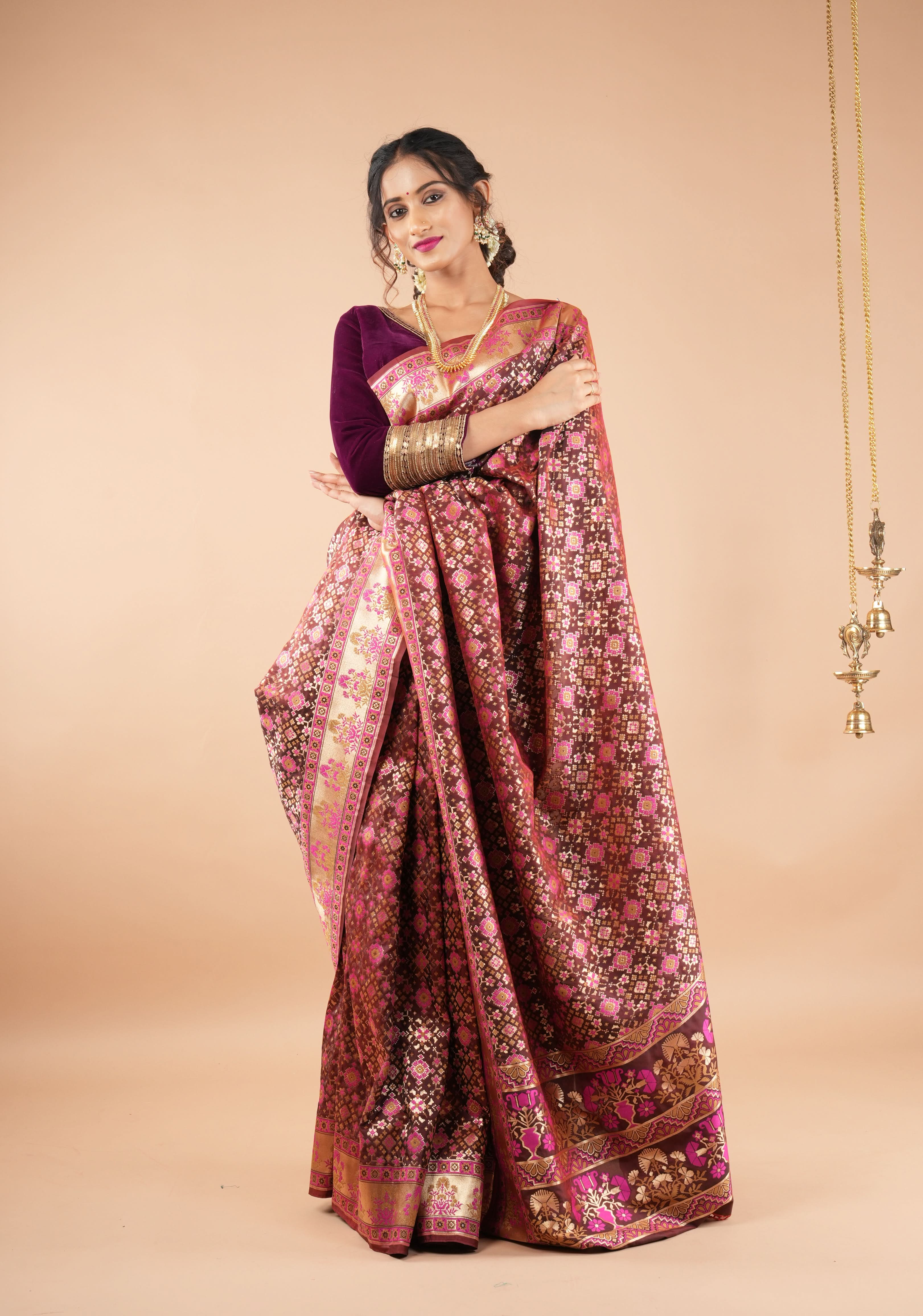 Exquisite Brown Semi Silk Saree with Patola Ikkat Meenakari Zari Border and Pallu | Shobitam