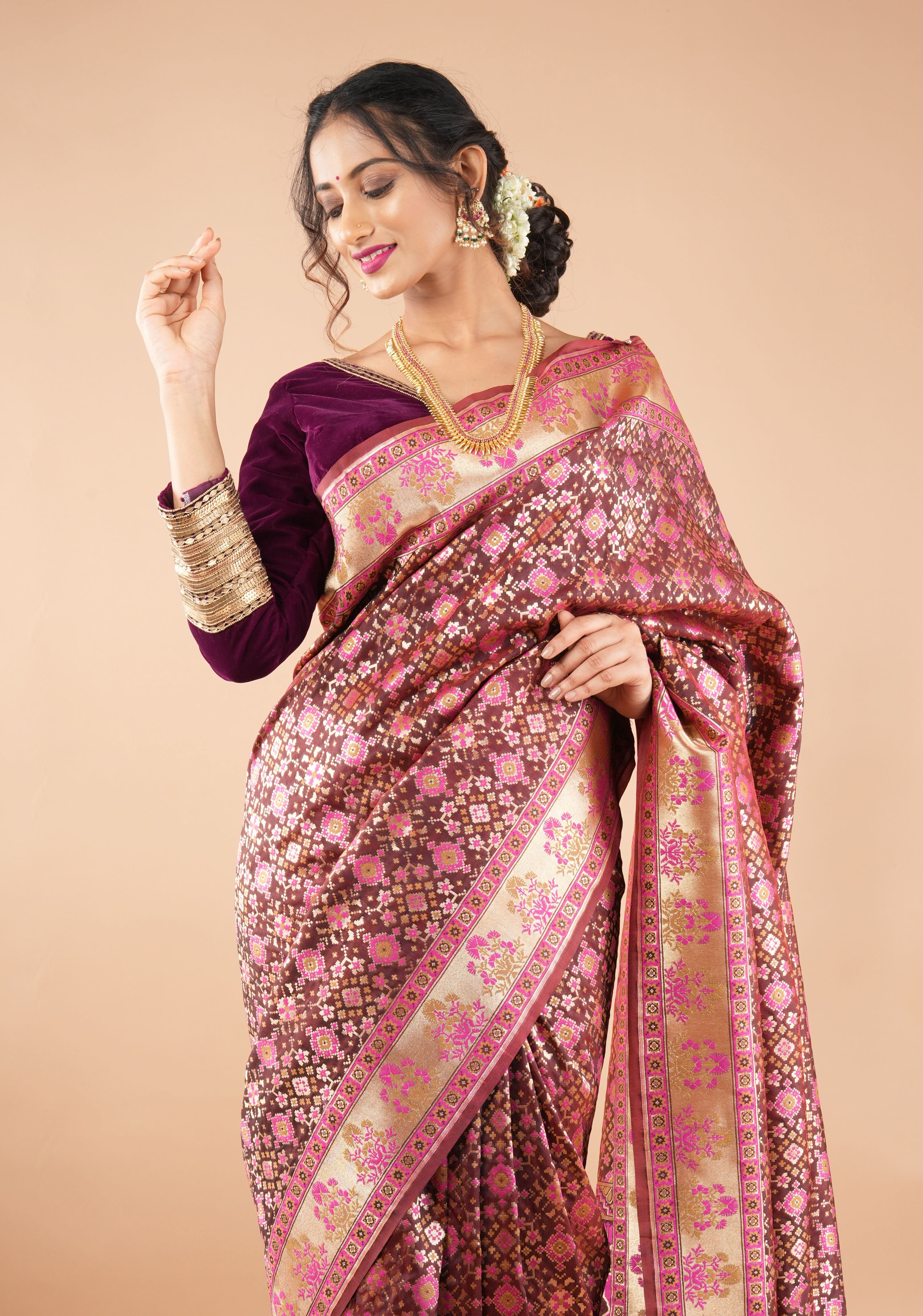 Exquisite Brown Semi Silk Saree with Patola Ikkat Meenakari Zari Border and Pallu | Shobitam