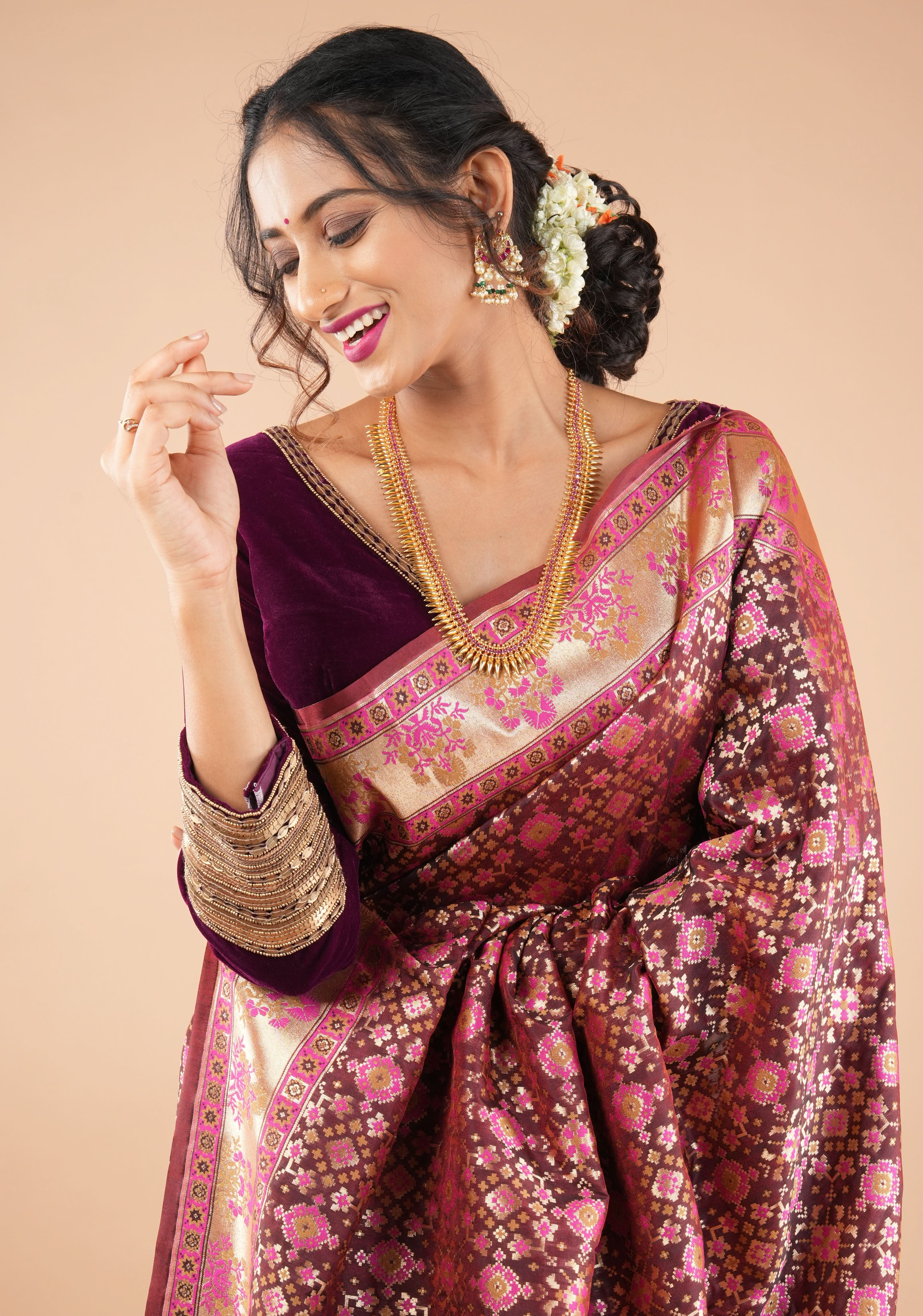 Exquisite Brown Semi Silk Saree with Patola Ikkat Meenakari Zari Border and Pallu | Shobitam