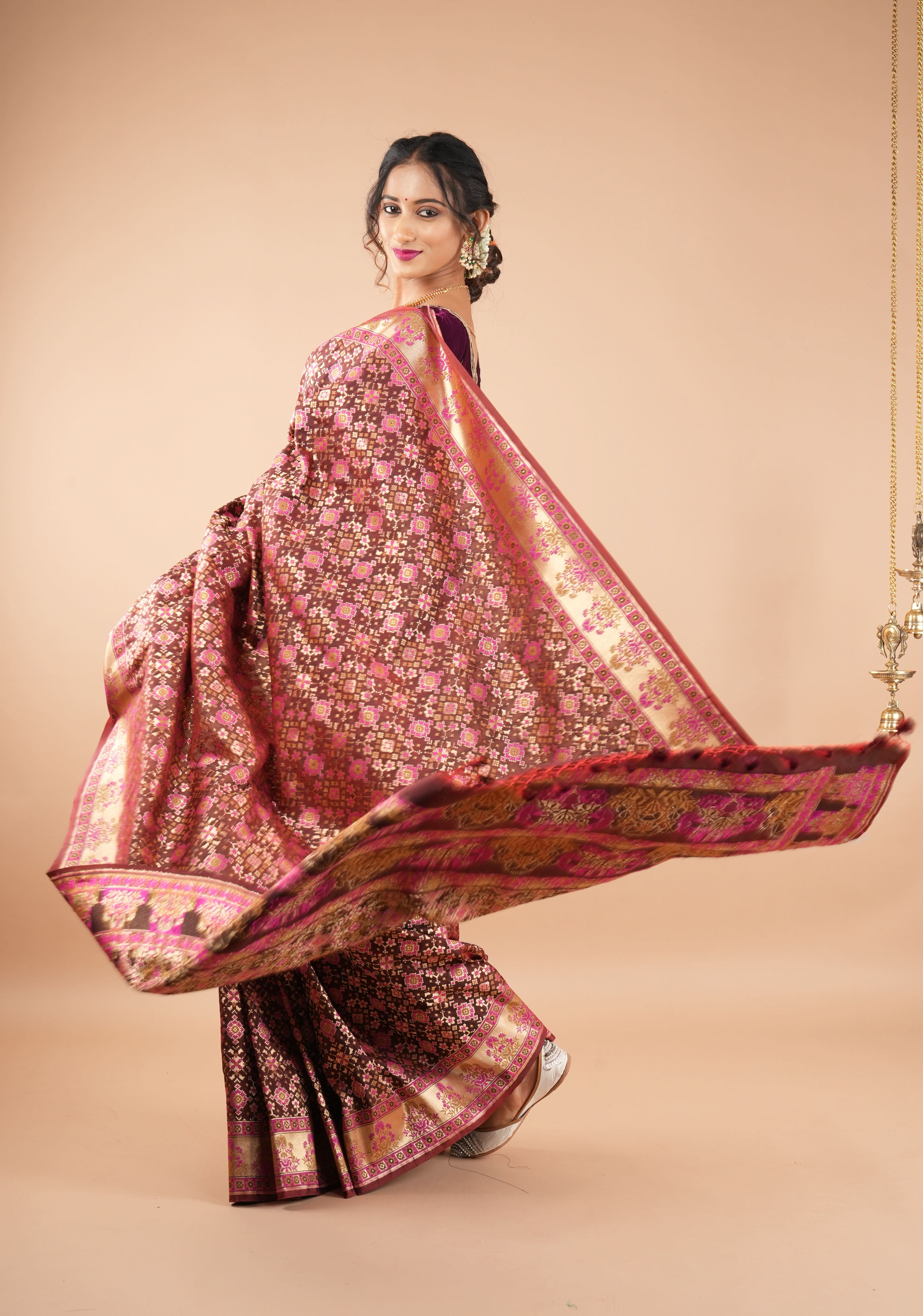 Exquisite Brown Semi Silk Saree with Patola Ikkat Meenakari Zari Border and Pallu