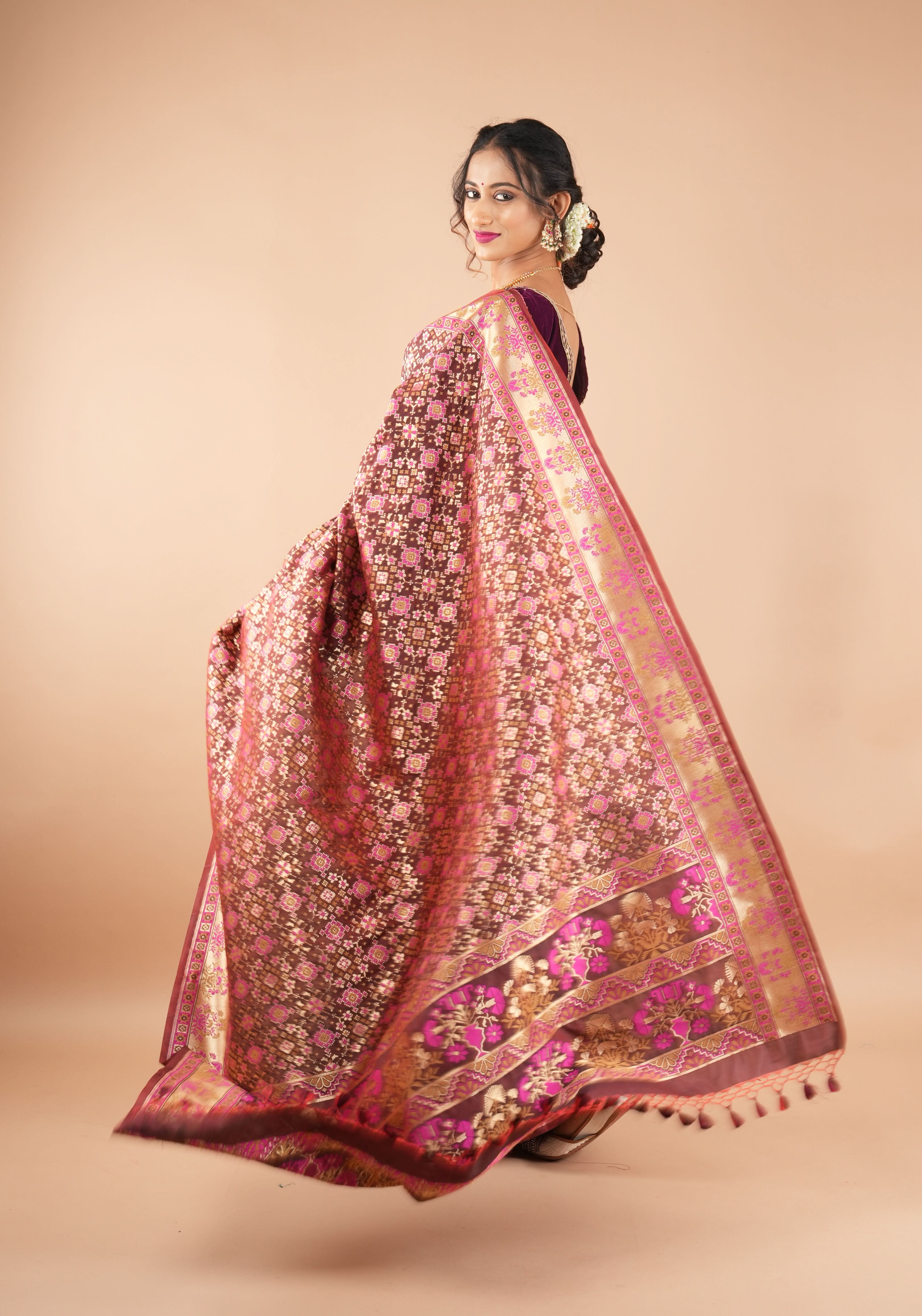 Exquisite Brown Semi Silk Saree with Patola Ikkat Meenakari Zari Border and Pallu | Shobitam