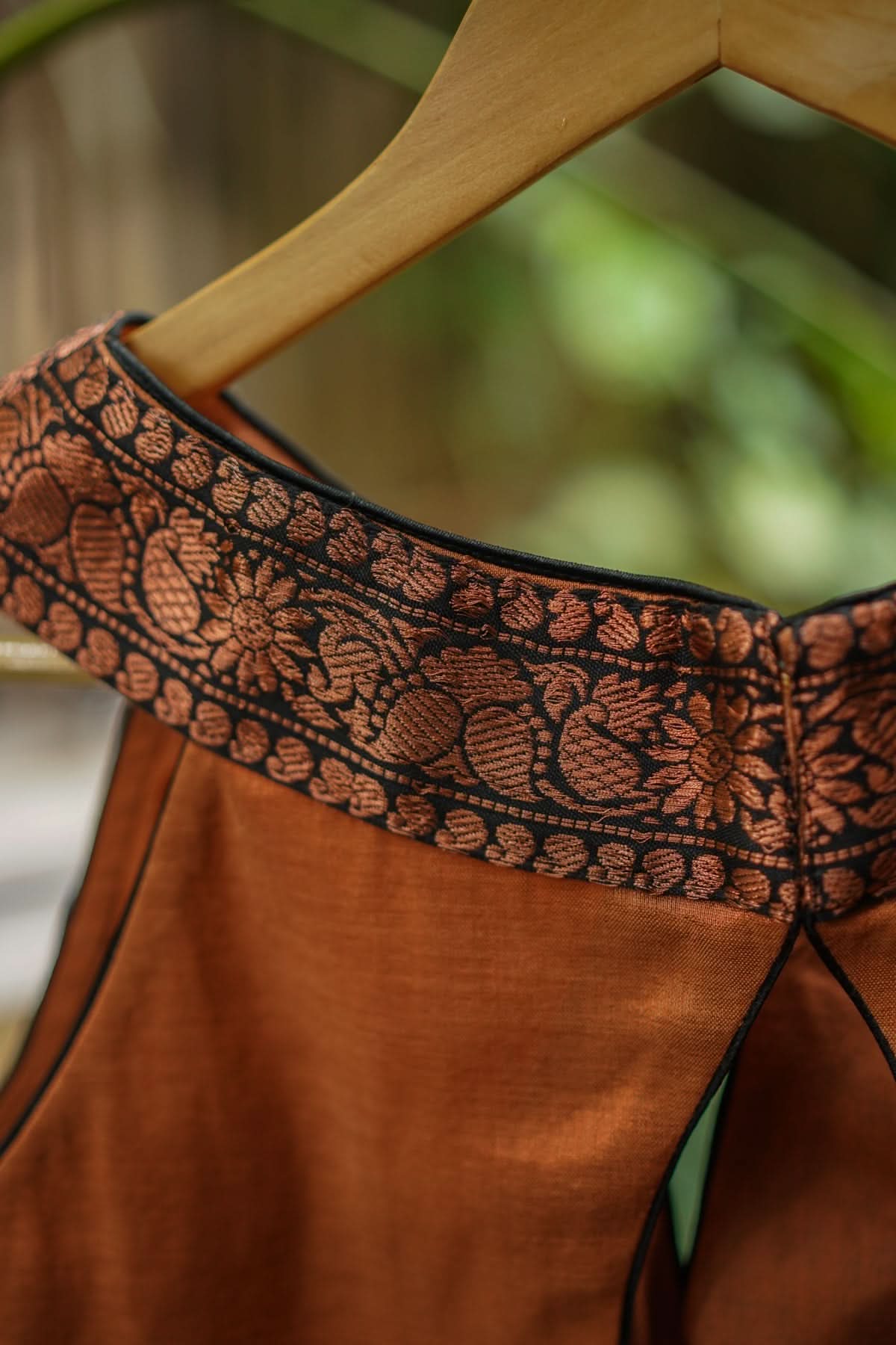 Copper shimmer boatneck blouse with border detailing, Made to Order | Shobitam