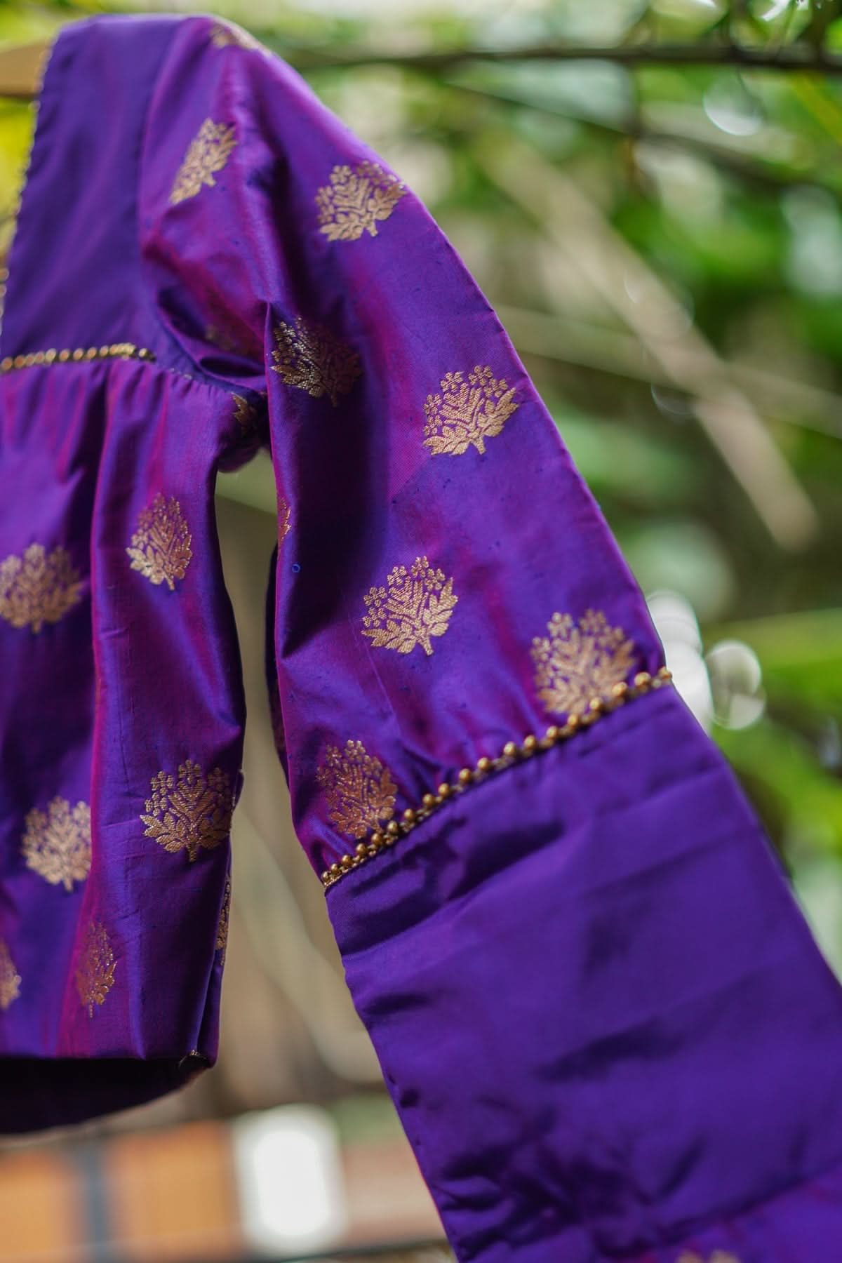 Violet pure silk two fabric square neck blouse, Made to Order | Shobitam