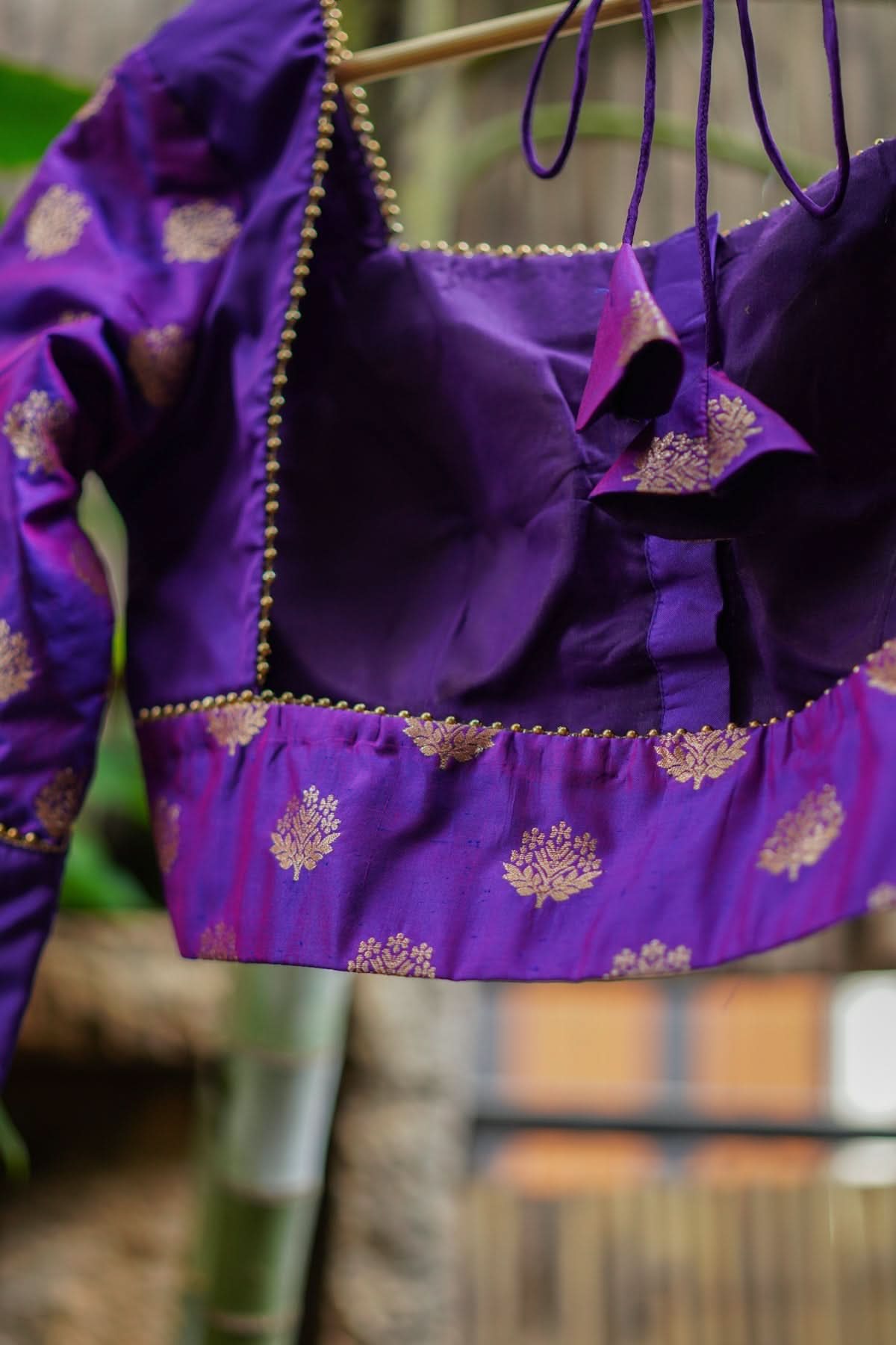Violet pure silk two fabric square neck blouse, Made to Order | Shobitam