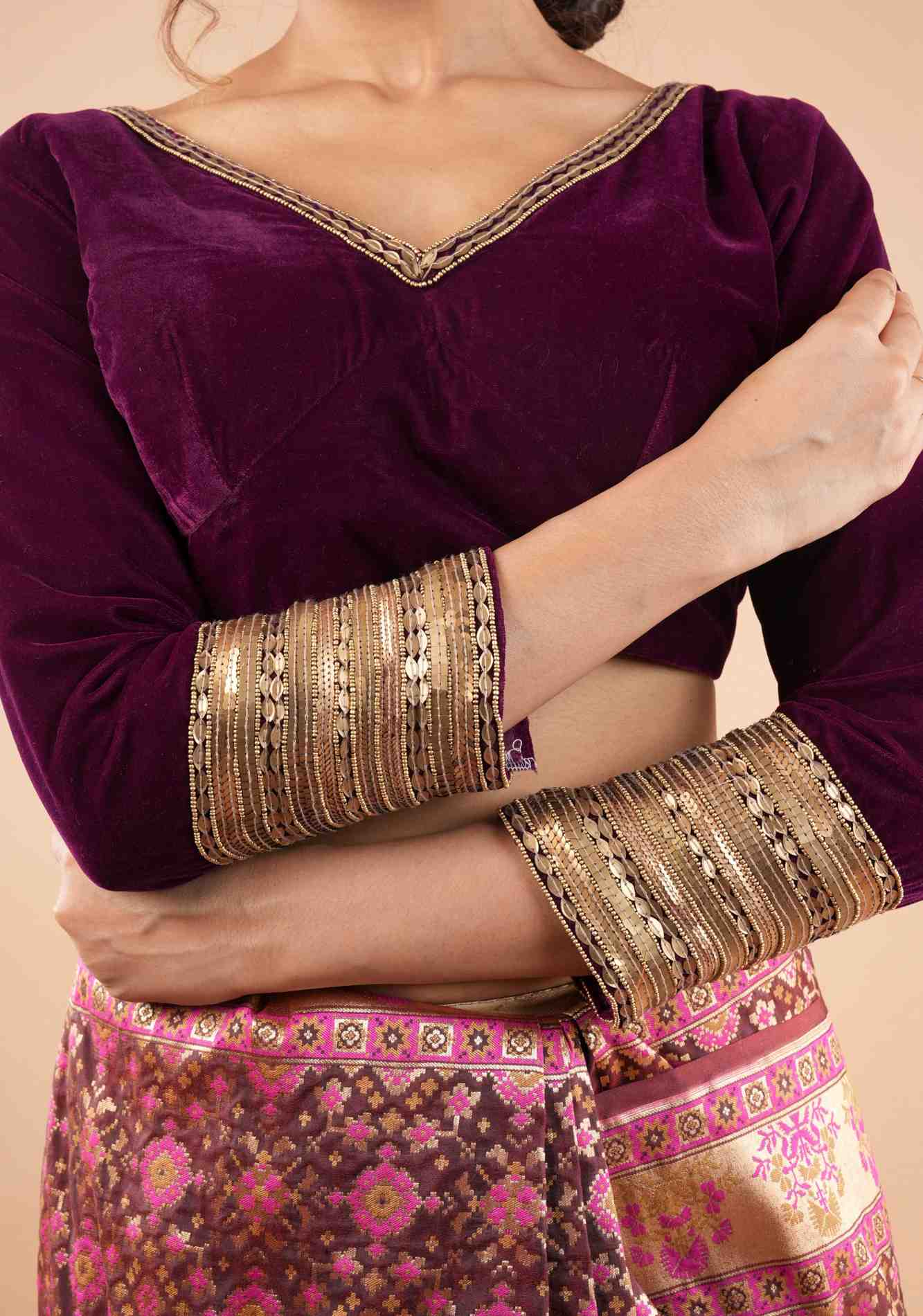 Burgundy Velvet Blouse with 3/4 sleeves and Matt Antique Sequins detailing