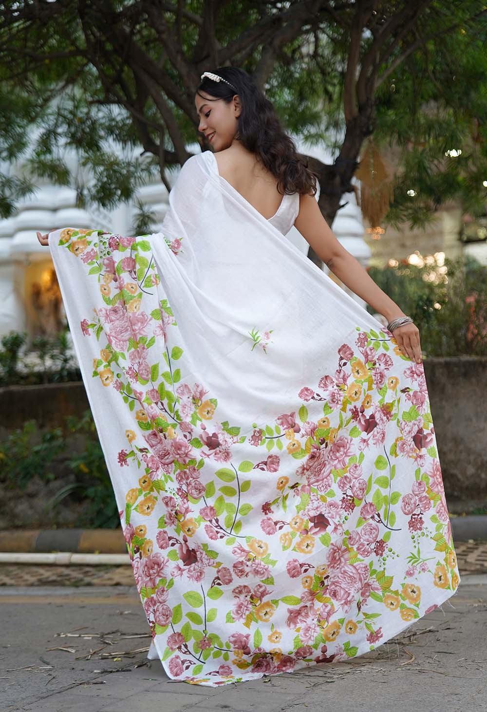 Light Weight Premium Floral Print & Pure Mul Mul Cotton Wrap In 1 Minute Saree