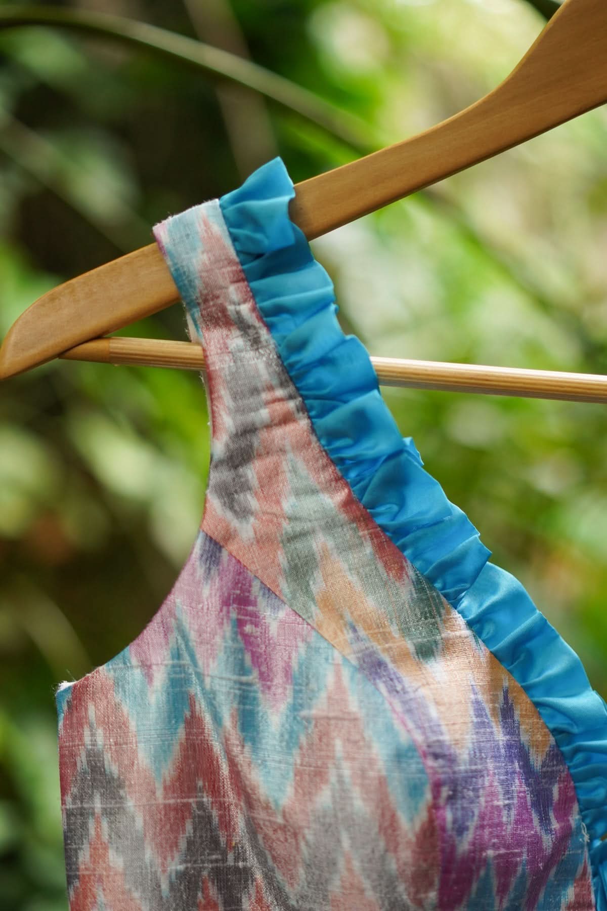 Pure Ikkat Raw Silk Blouse with Blue Frill Trim, Made to Order | Shobitam