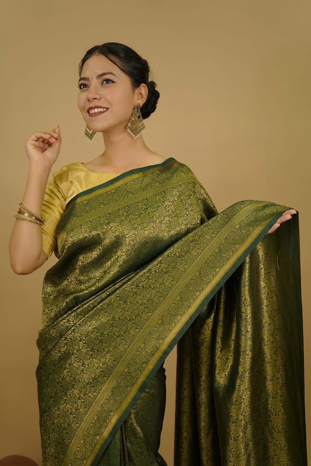 Mehendi Green Kanchipuram Rich zari work all over festive Wrap in 1 minute saree