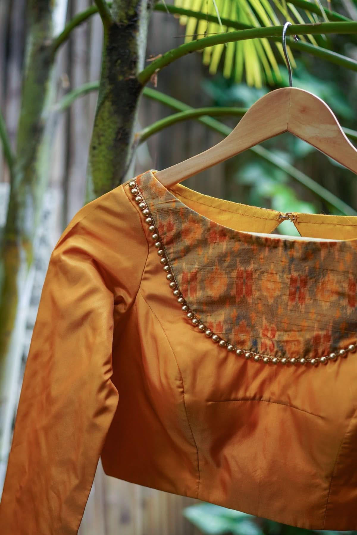 Mustard silk boatneck  blouse with pure rawsilk ikkat yoke, made to order | Shobitam