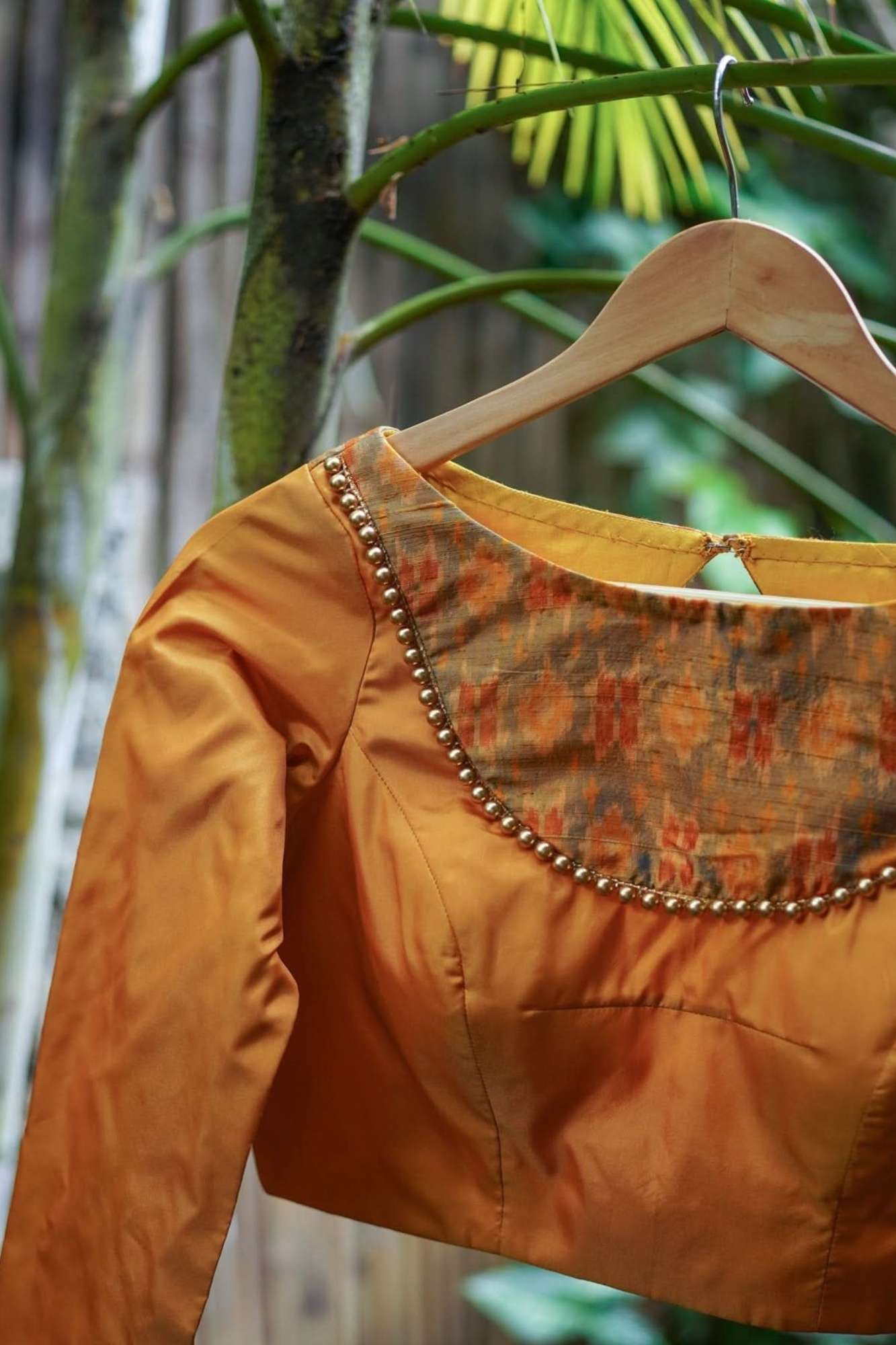 Mustard silk boatneck  blouse with pure rawsilk ikkat yoke, made to order