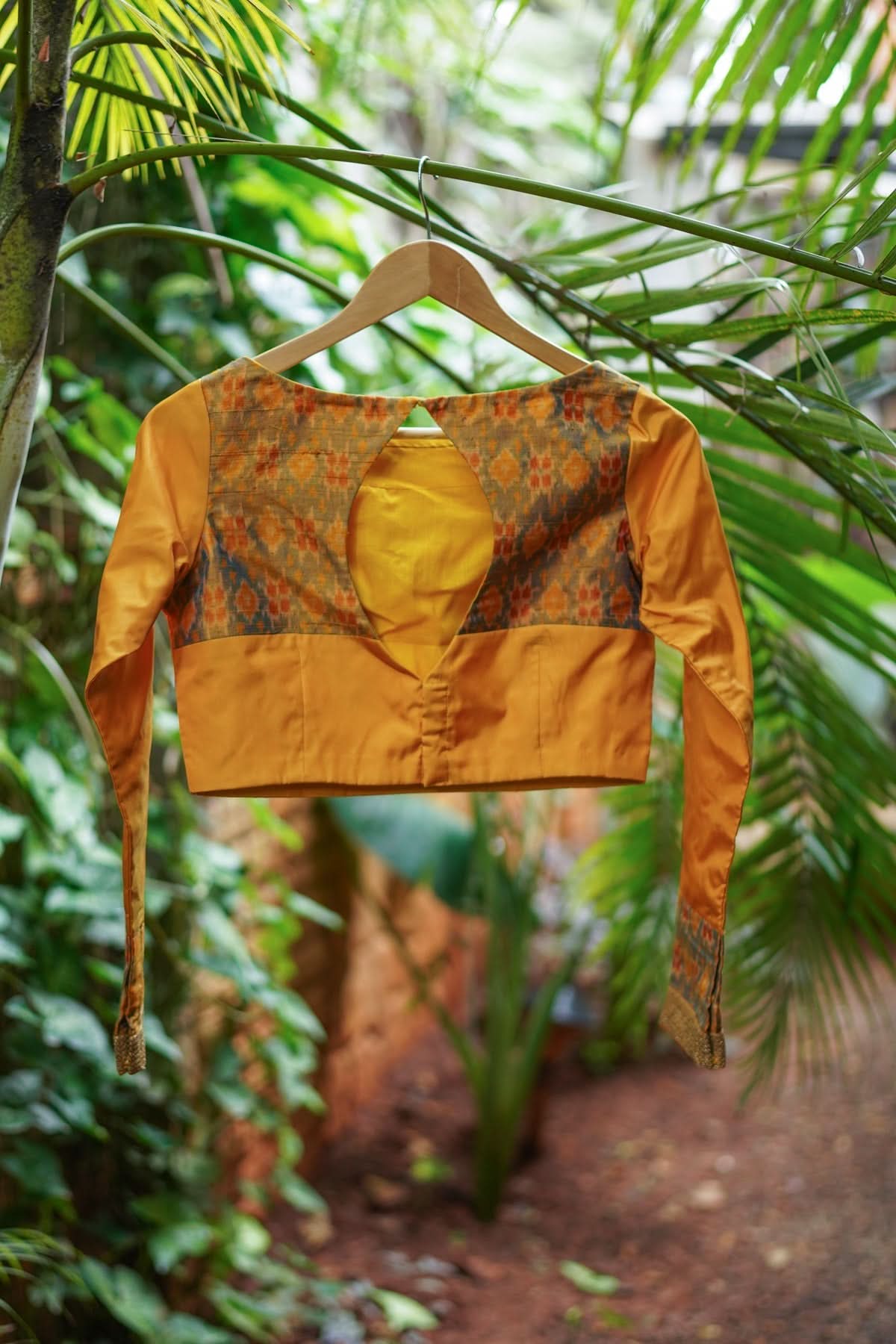 Mustard silk boatneck  blouse with pure rawsilk ikkat yoke, made to order | Shobitam