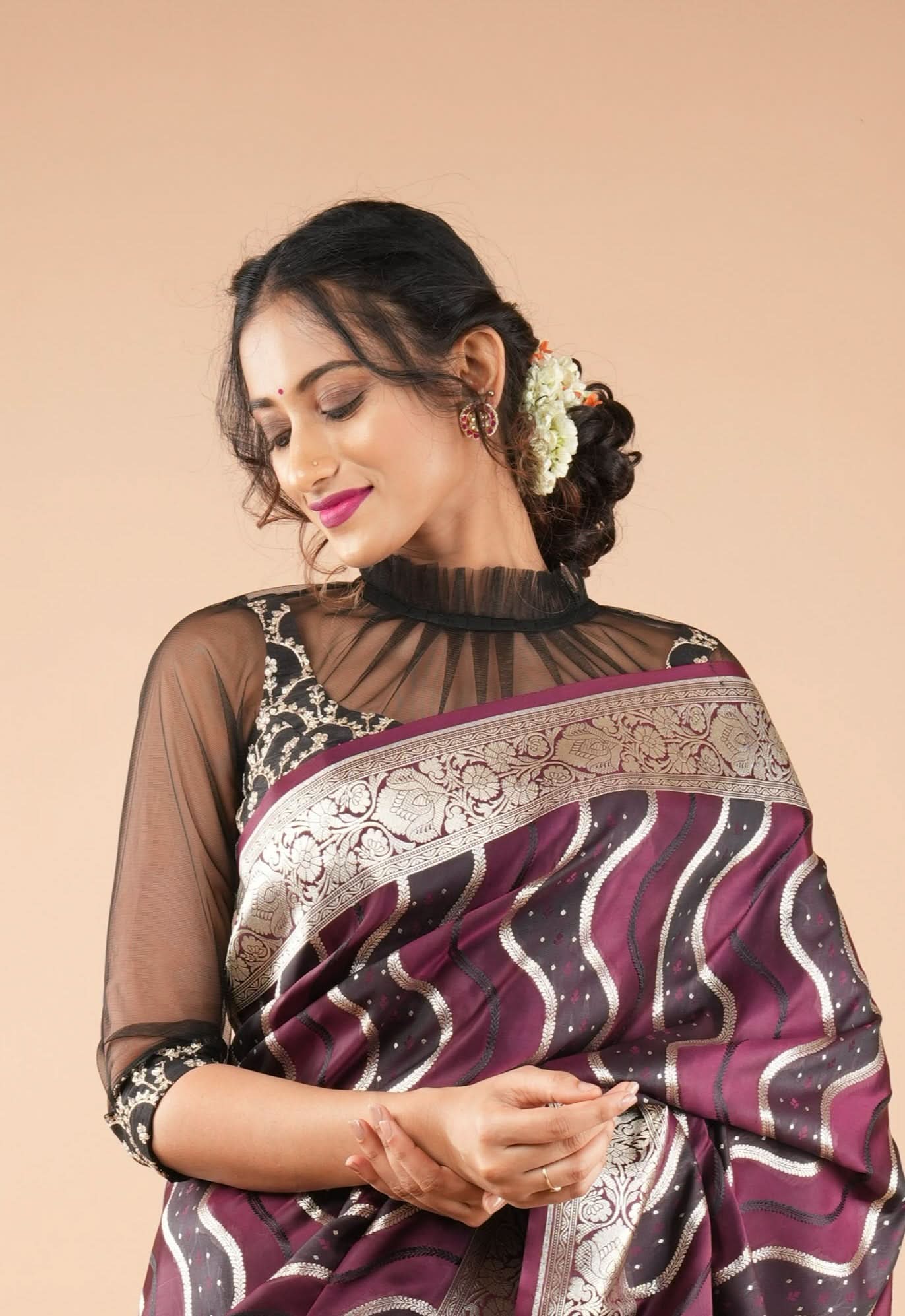 Black embroidered blouse with net gathered yoke and scalloped front base | Shobitam
