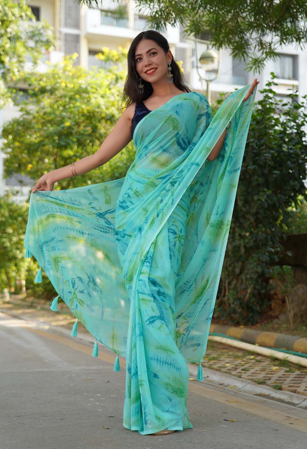 Beautiful Sea Green Soft On Skin Chiffon  With  Marble Print & Tassels on Pallu Wrap in 1 minute saree