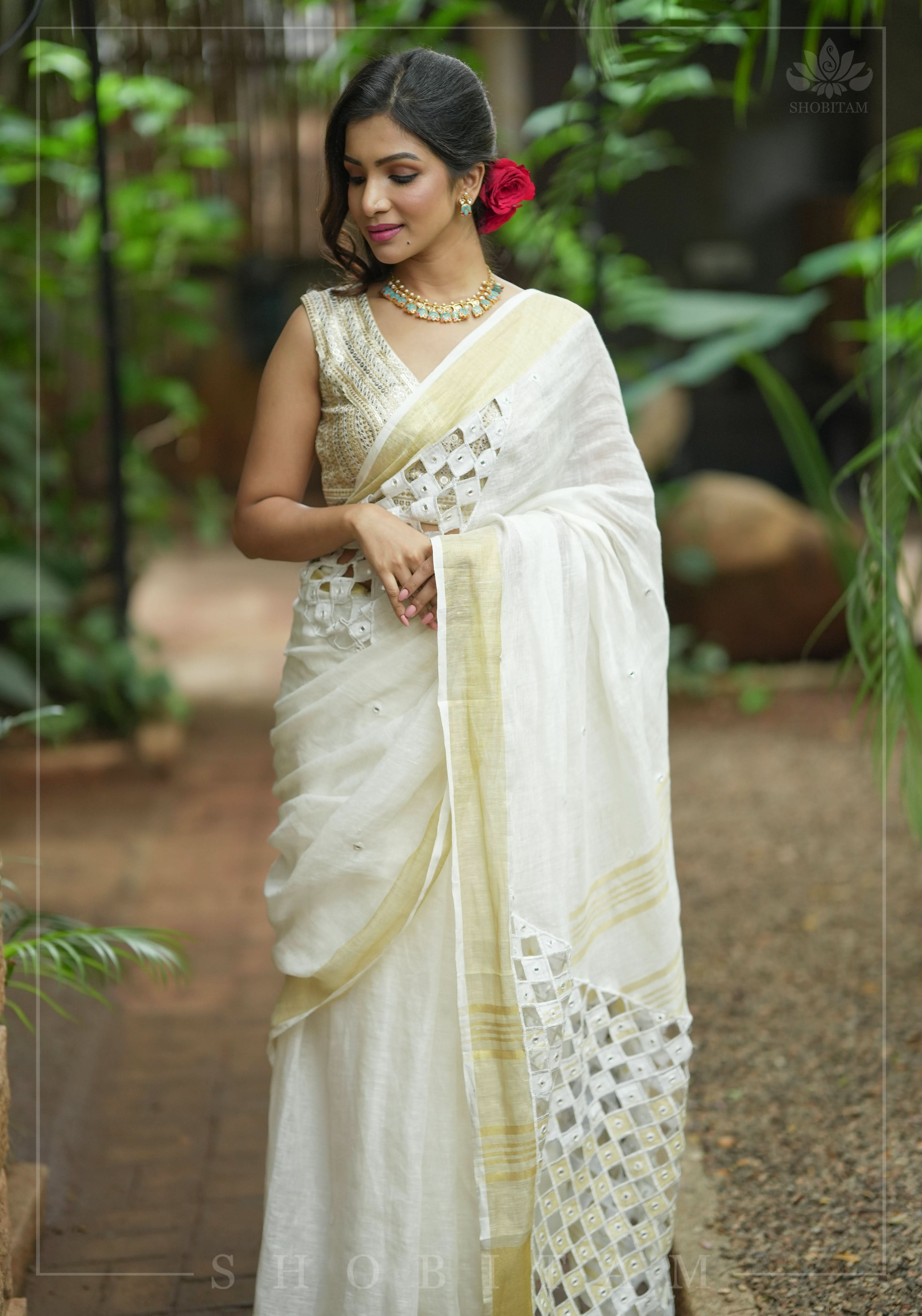 Cutwork and Mirror Work Linen by Line Saree in Chalk White | Shobitam