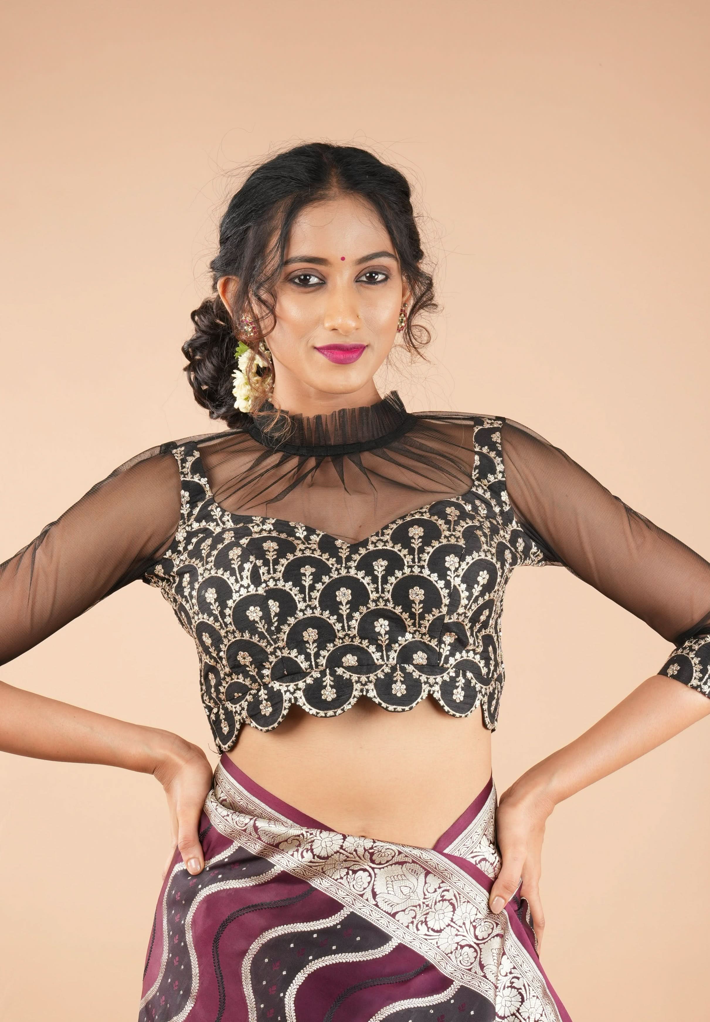 Black embroidered blouse with net gathered yoke and scalloped front base | Shobitam
