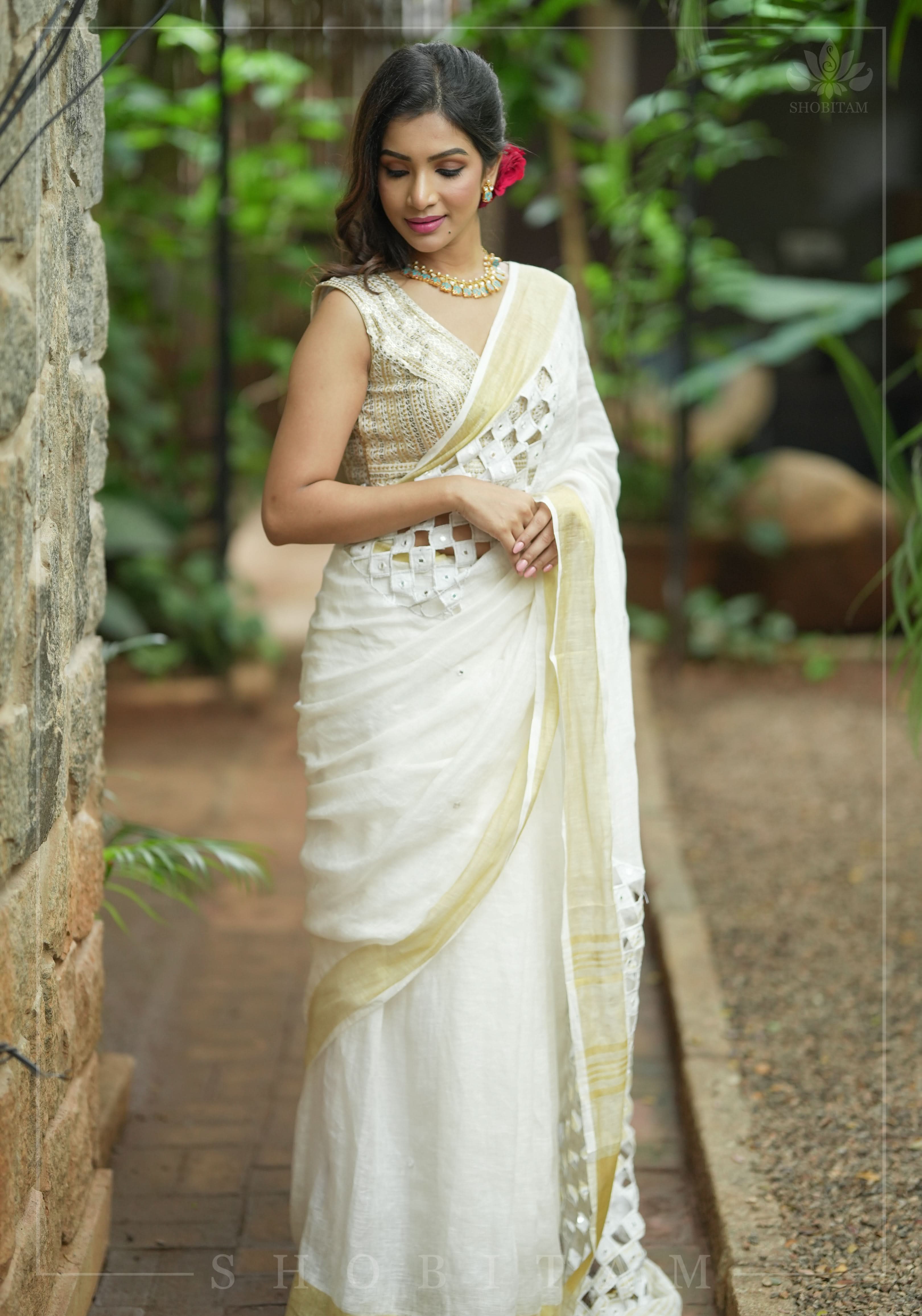 Cutwork and Mirror Work Linen by Line Saree in Chalk White | Shobitam