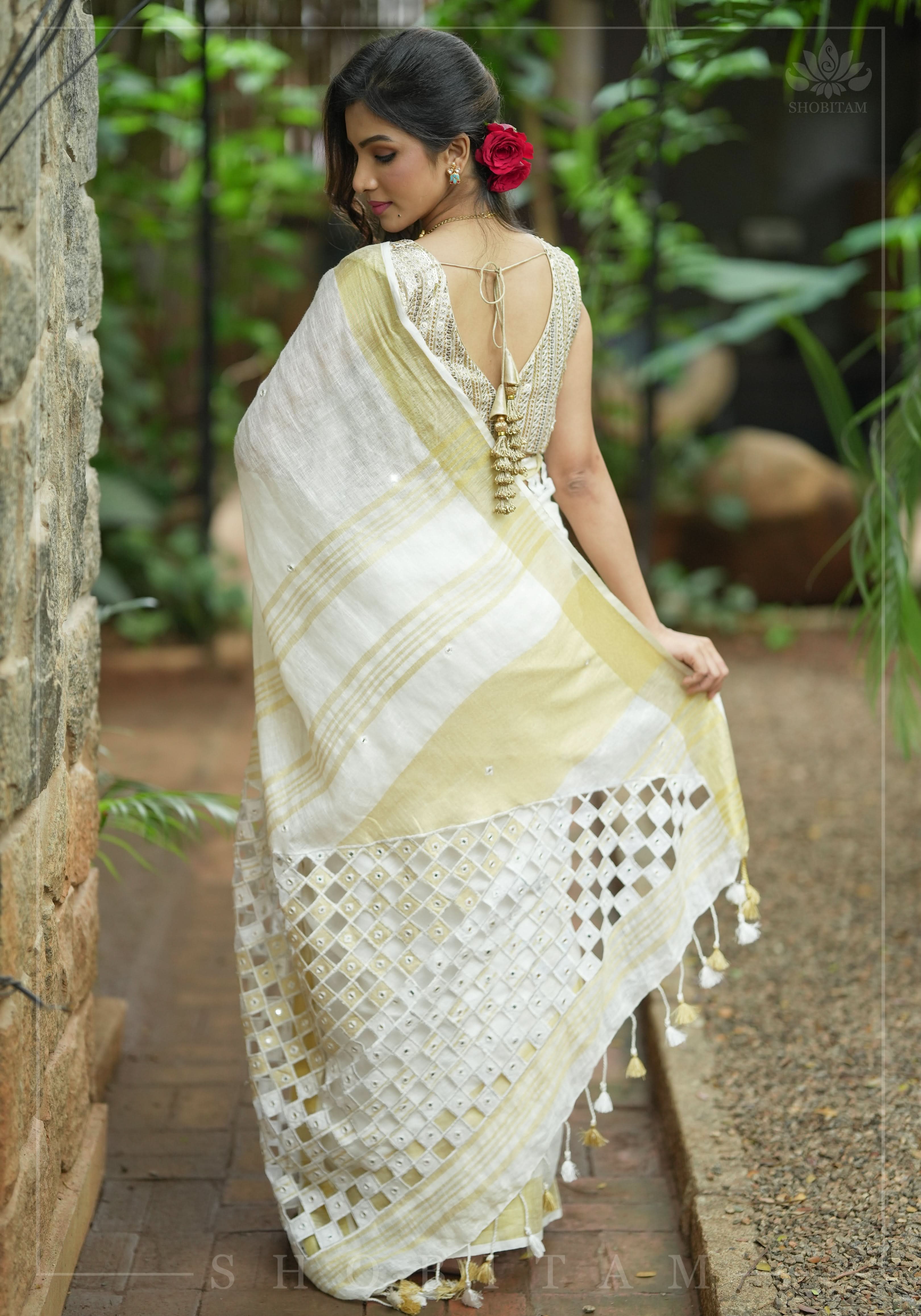 Cutwork and Mirror Work Linen by Line Saree in Chalk White | Shobitam