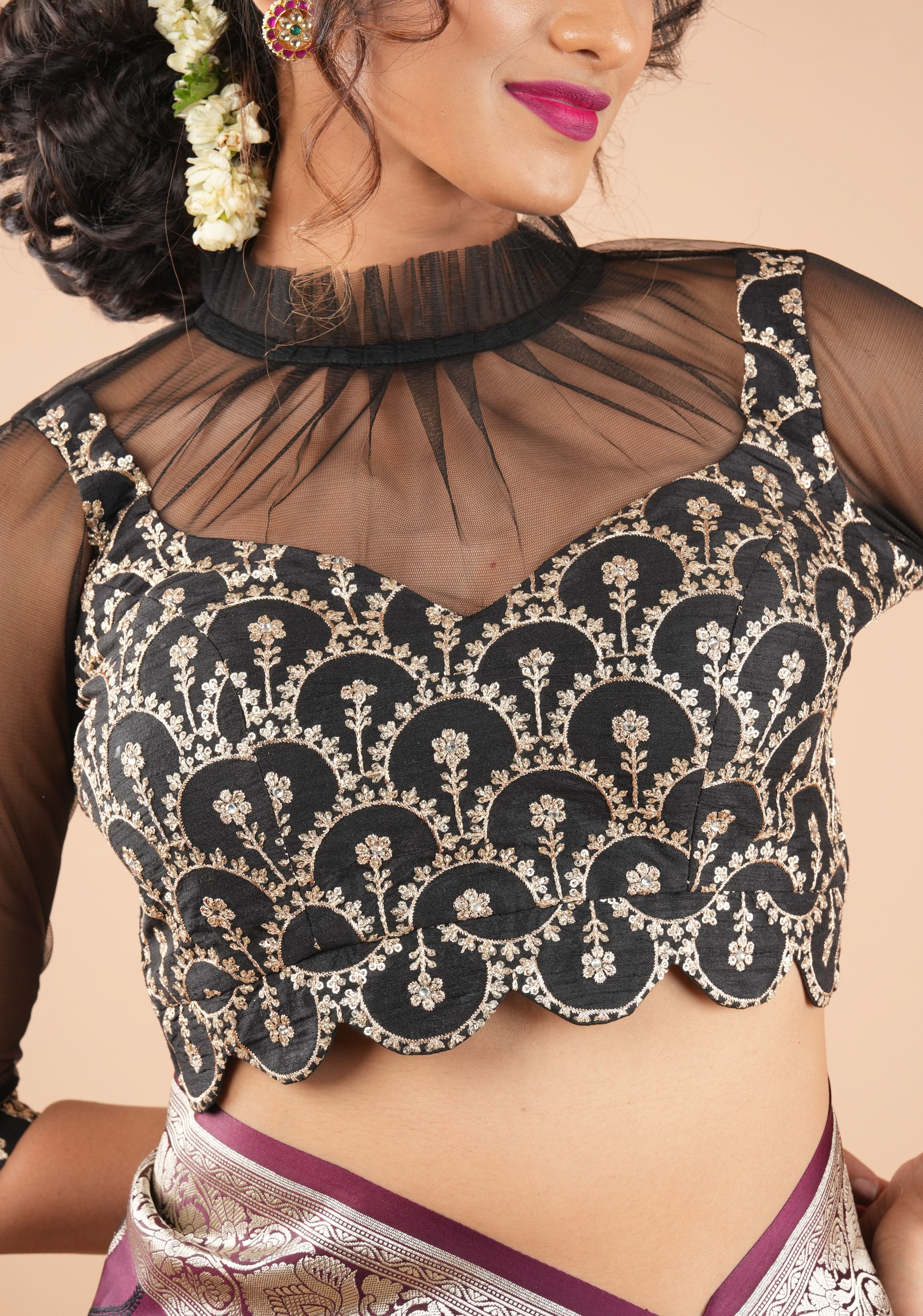 Black embroidered blouse with net gathered yoke and scalloped front base | Shobitam