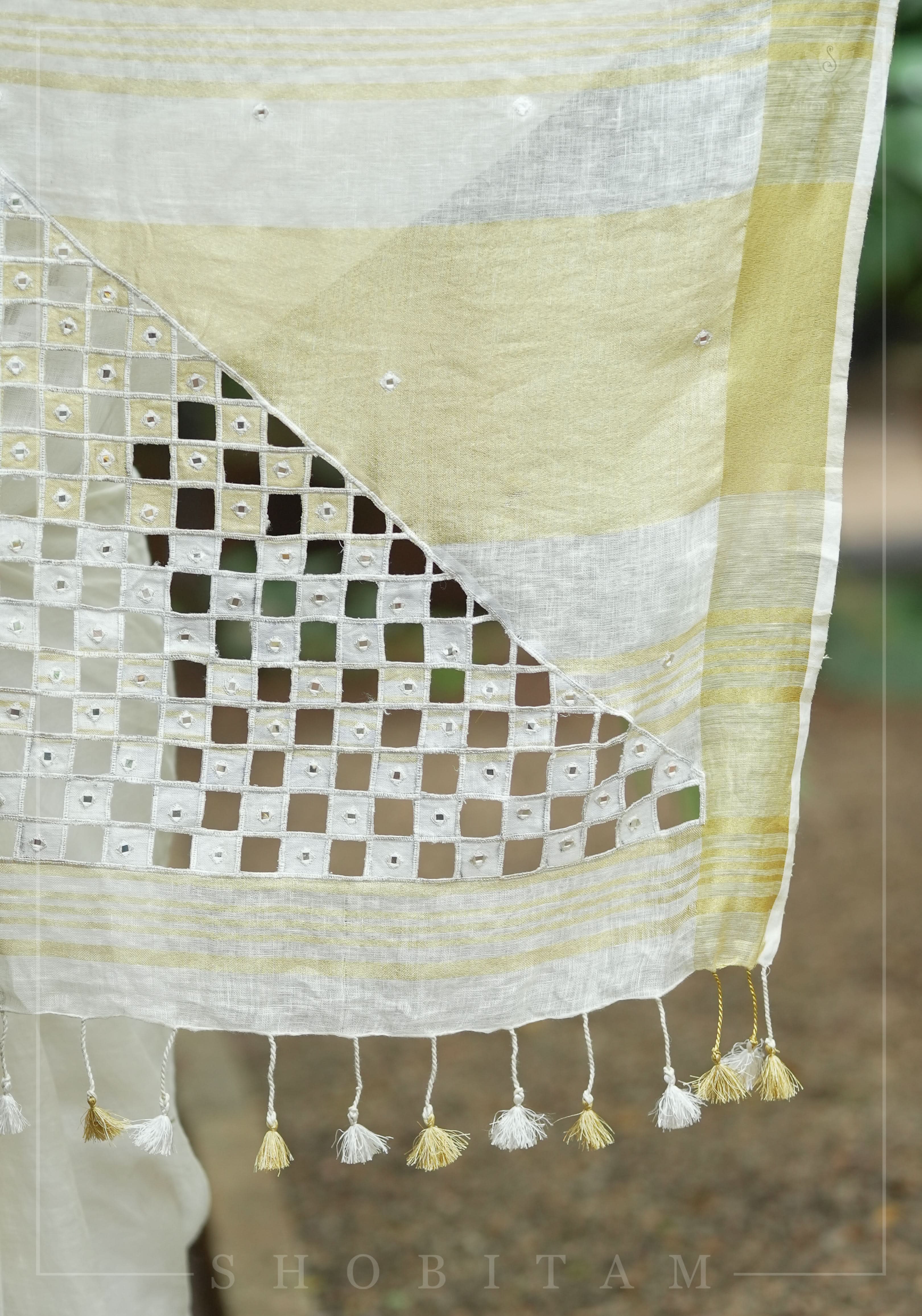 Cutwork and Mirror Work Linen by Line Saree in Chalk White | Shobitam