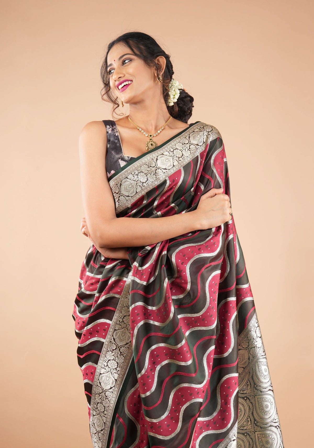 Maroon tone Exquisite Meenakari Vertical Wavy curve zari lines Semi Silk Saree and zari border | SHOBITAM