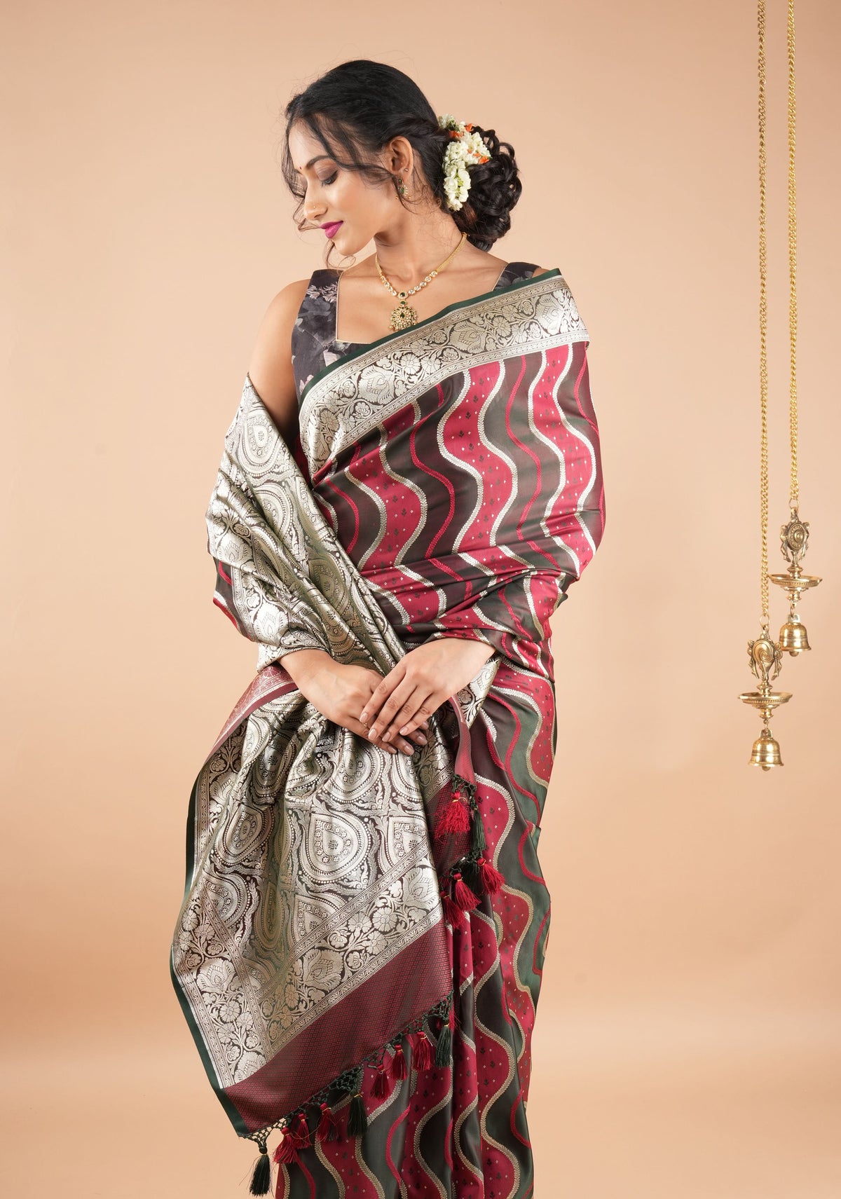 Maroon tone Exquisite Meenakari Vertical Wavy curve zari lines Semi Silk Saree and zari border | SHOBITAM