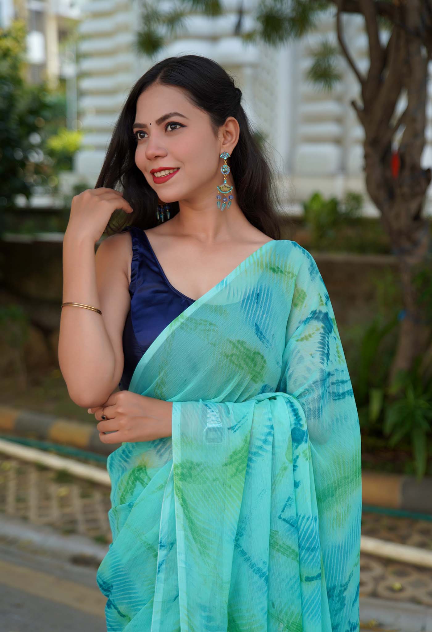 Beautiful Sea Green Soft On Skin Chiffon  With  Marble Print & Tassels on Pallu Wrap in 1 minute saree