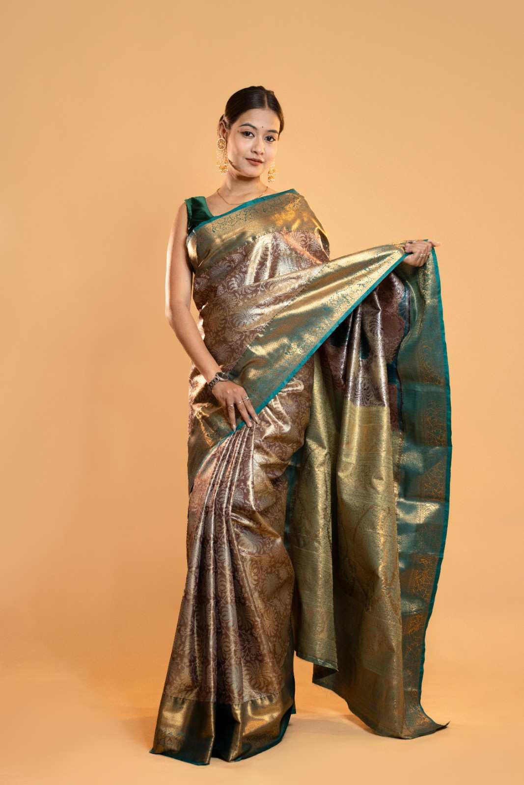 Royal Zari Woven Banarasi Brocade  Saree with Contrast Teal Border Ready To Wear Saree