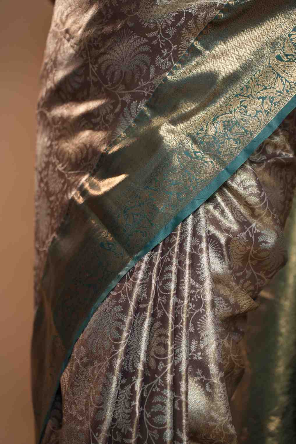 Royal Zari Woven Banarasi Brocade  Saree with Contrast Teal Border Ready To Wear Saree