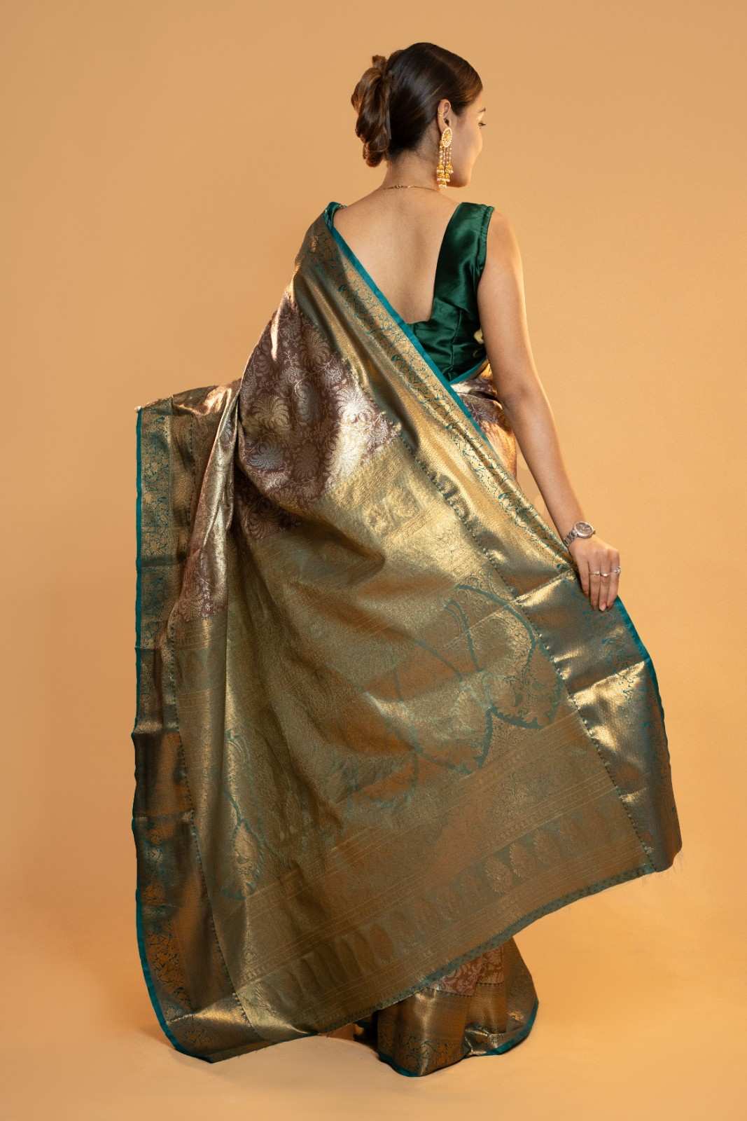 Royal Zari Woven Banarasi Brocade  Saree with Contrast Teal Border Ready To Wear Saree