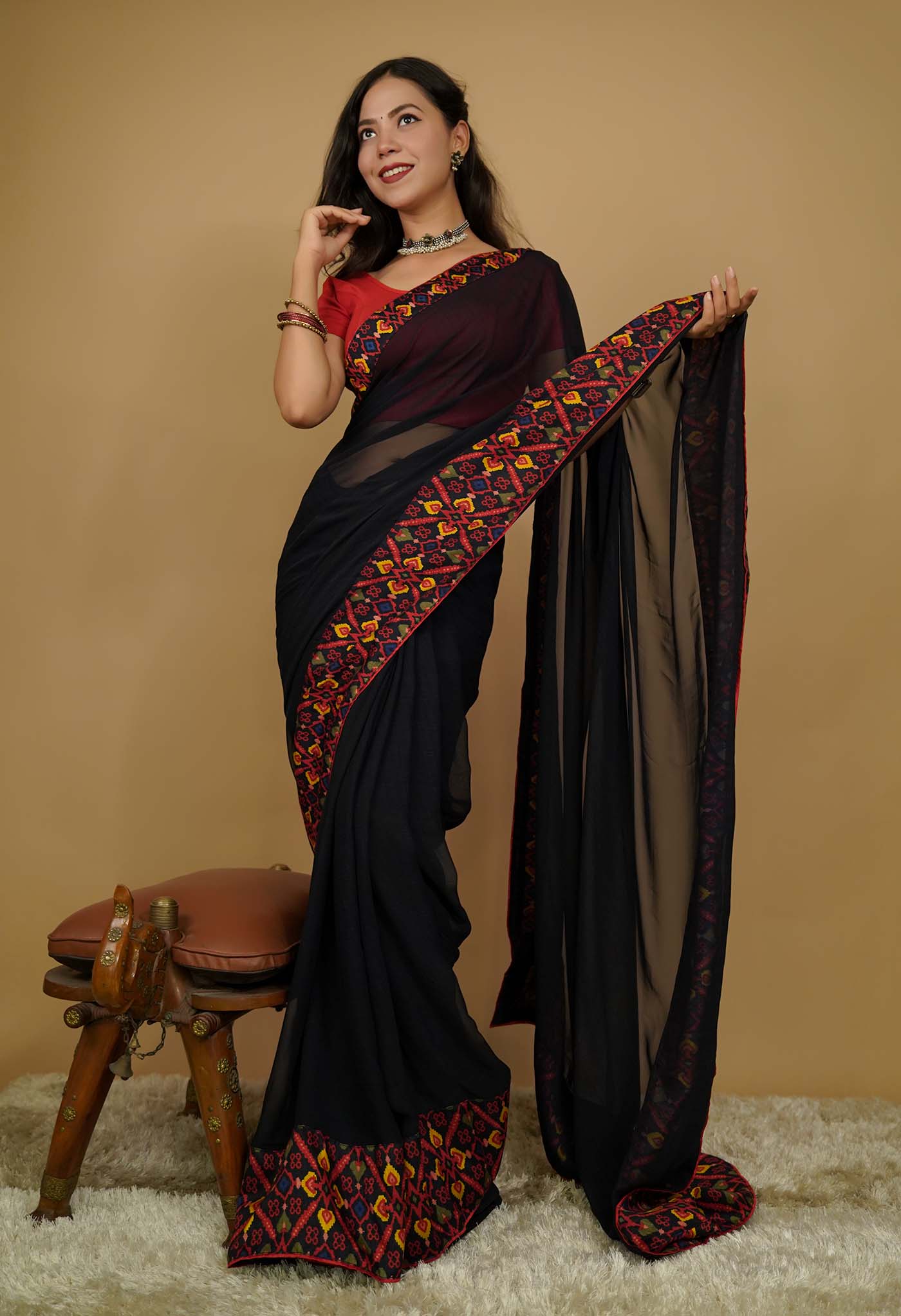 Dark Blue Soft Georgette With Contrast Multicolored Broad  Bordered  Ready To Wear Saree