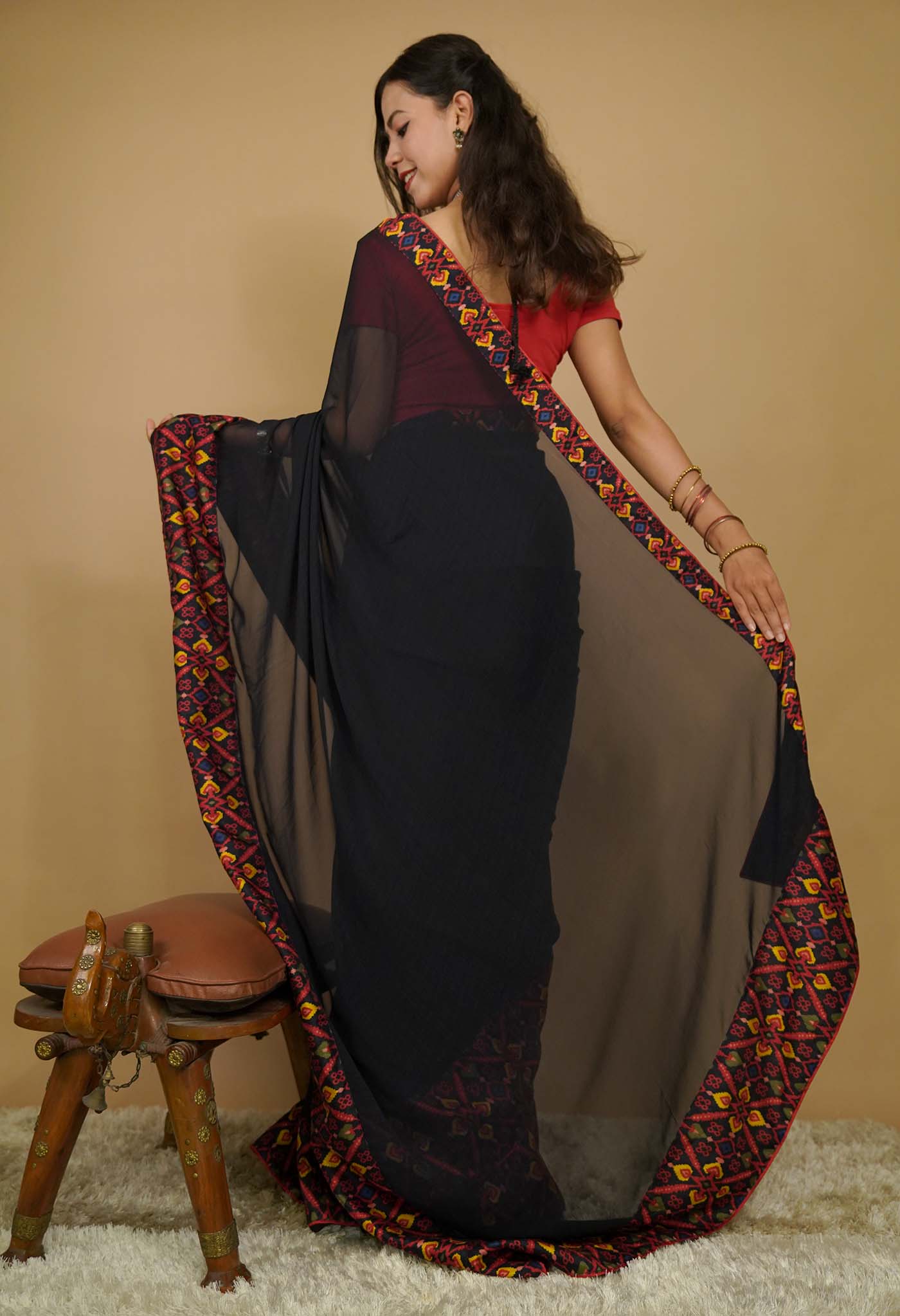 Dark Blue Soft Georgette With Contrast Multicolored Broad  Bordered  Ready To Wear Saree