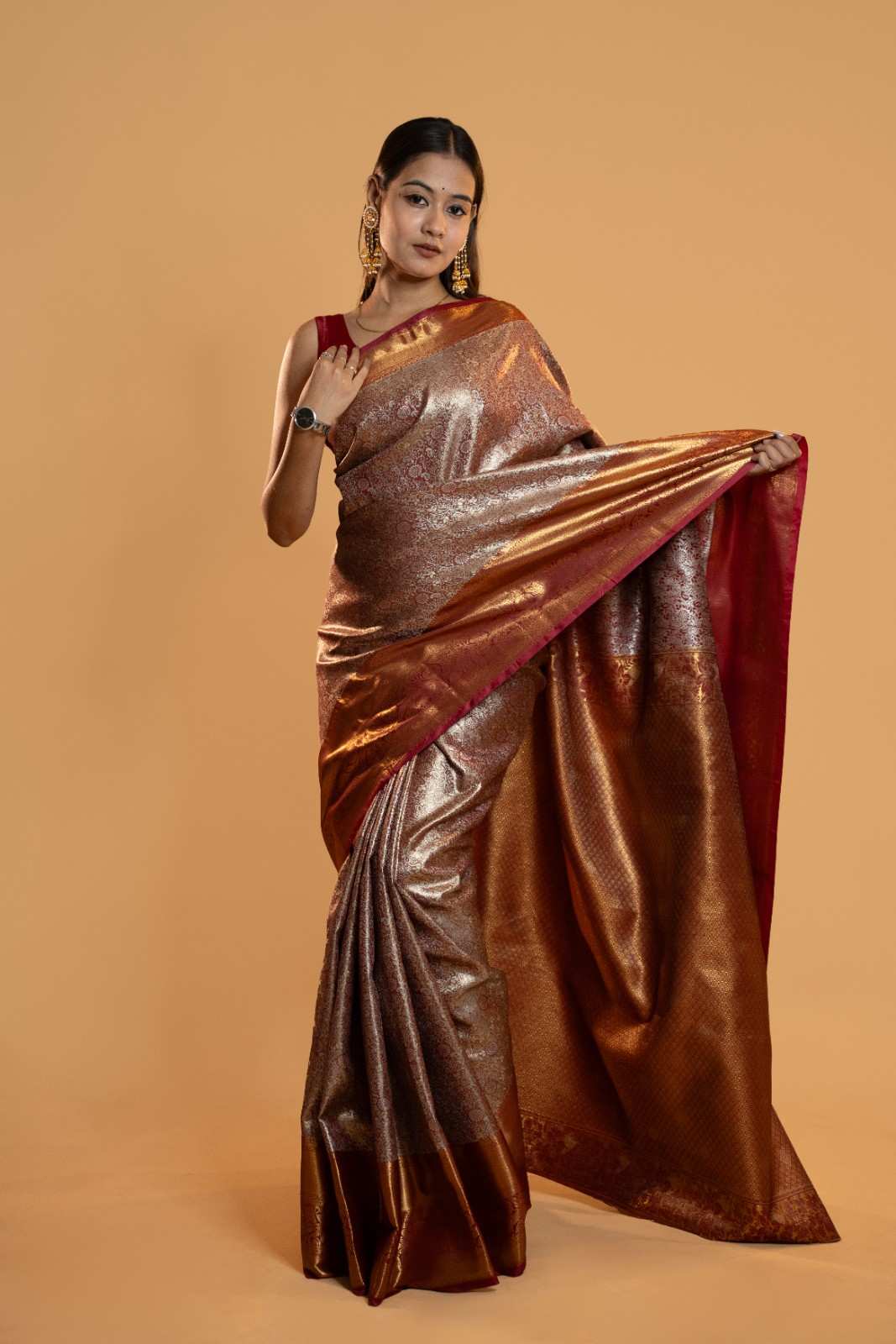 Copper Gold Banarasi Brocade with Rich Maroon Border Ready To Wear Saree